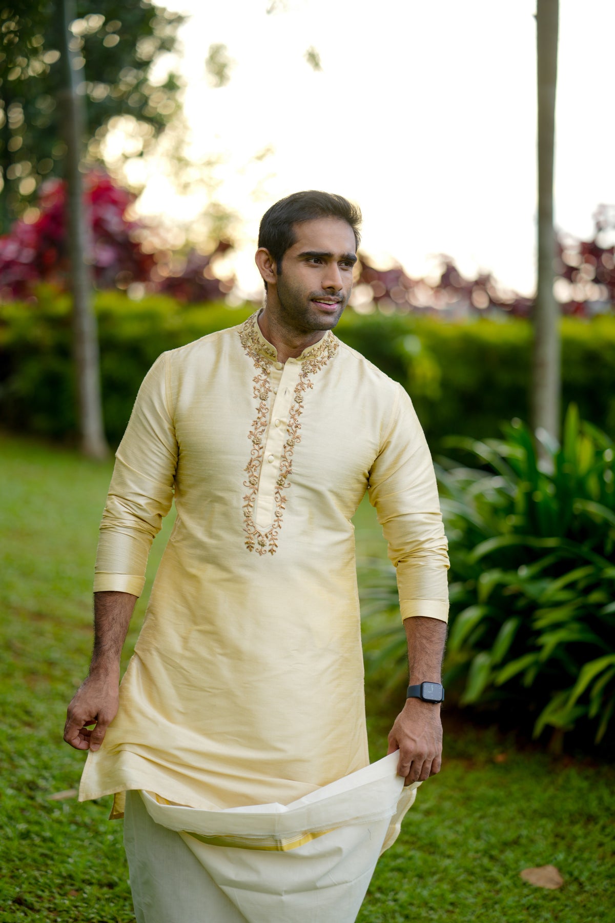 Light Golden Kurta Set with Hand Work Detailing on Placket & Neck (Kurta + Kasavu Munde)