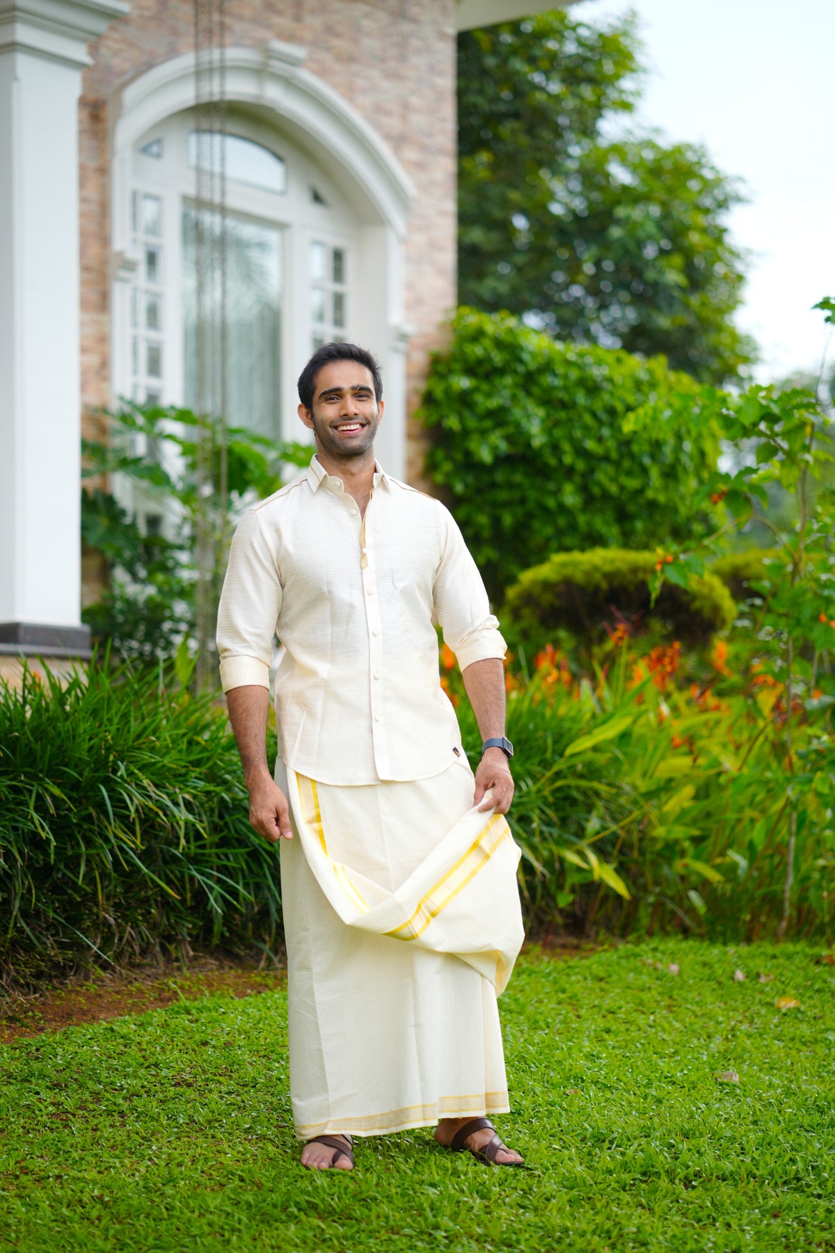 Off White Dotted Silk Cutaway Collar Shirt with Gold Zari Detailing (Shirt + Kasavu Munde )