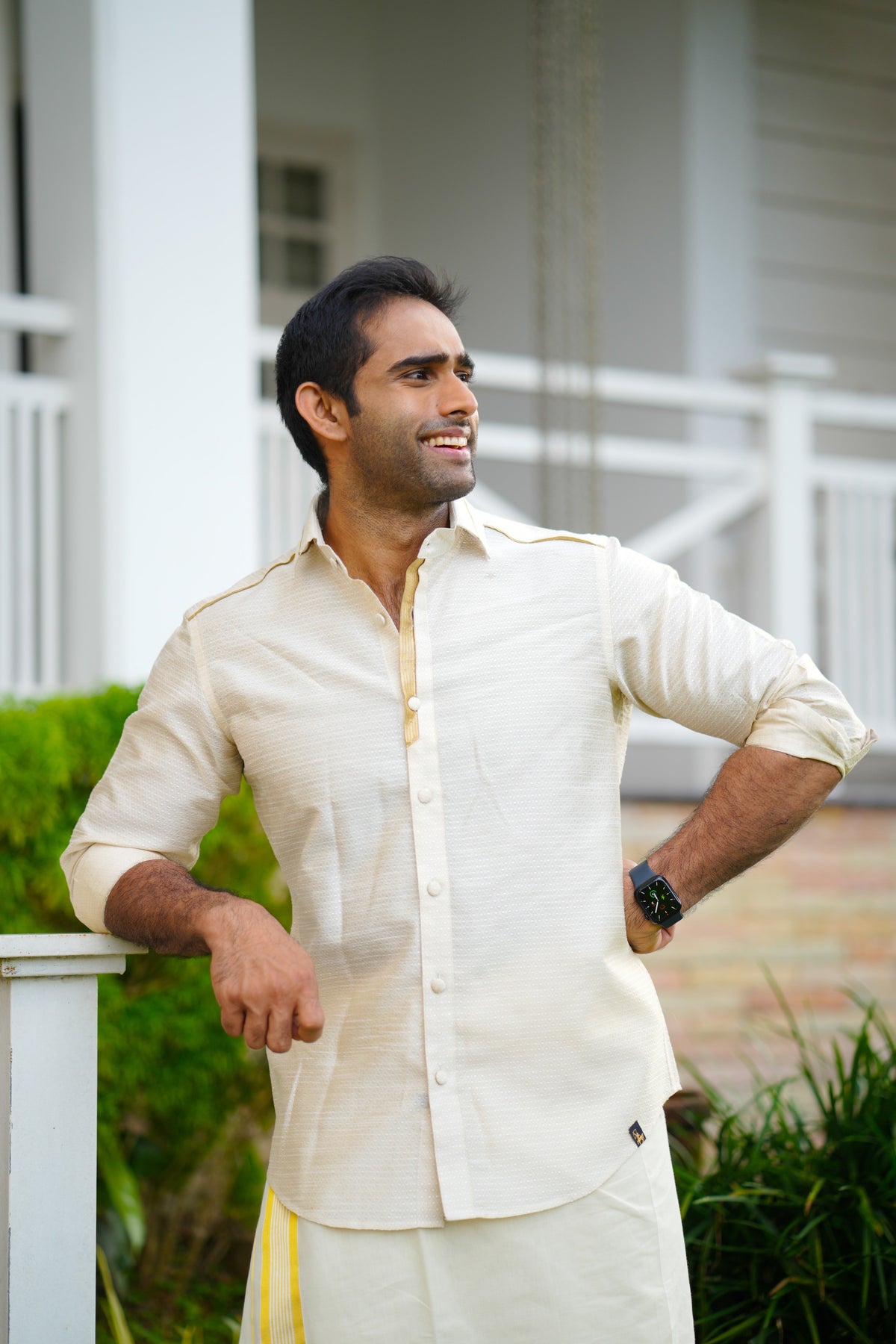 Off White Dotted Silk Cutaway Collar Shirt with Gold Zari Detailing (Shirt + Kasavu Munde )