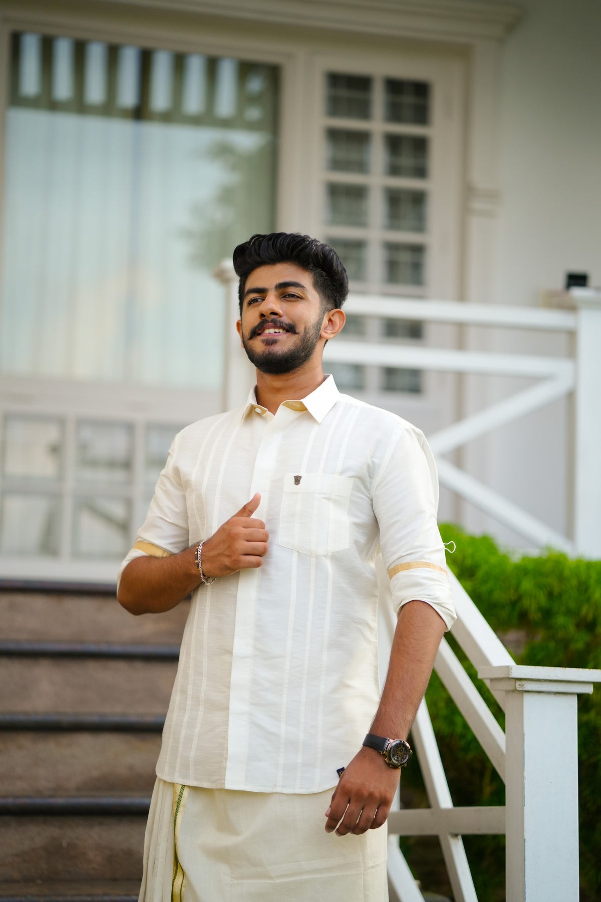 Off White Plain Silk Cutaway Collar Shirt with Gold Zari Detailing (Shirt Only)