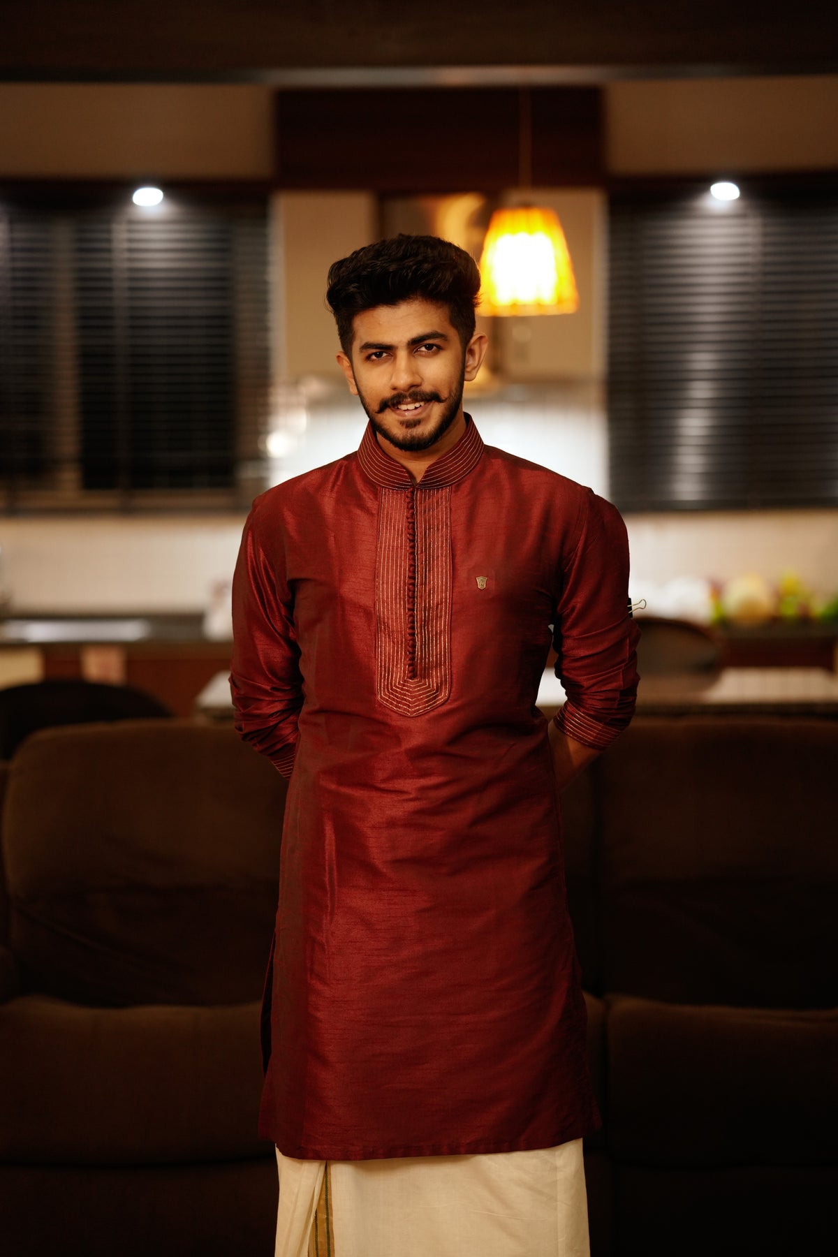 Maroon Red Kurta Set With Golden Zari Stitch Detailing (Kurta + Kasavu Munde)