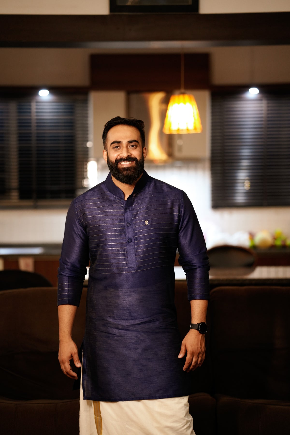 Dark Blue Kurta with Horizontal Golden Zari Tucks (Only Kurta)