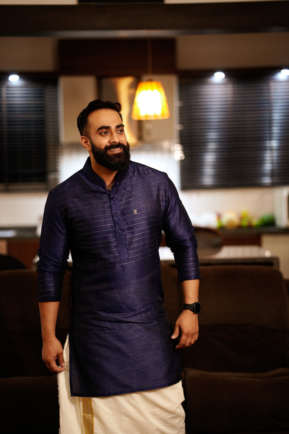 Dark Blue Kurta Set with Horizontal Golden Zari Tucks (Kurta + Kasavu Munde)
