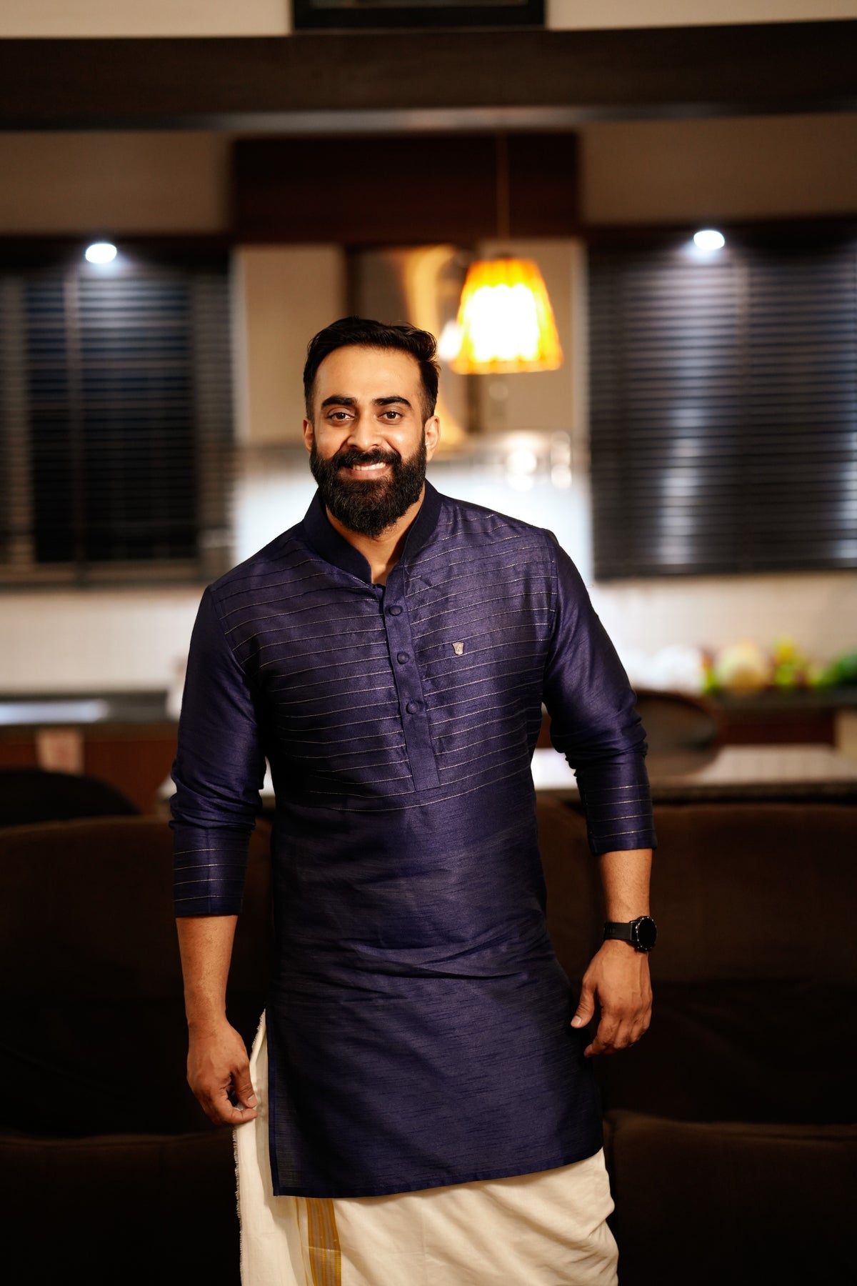 Dark Blue Kurta with Horizontal Golden Zari Tucks (Only Kurta)