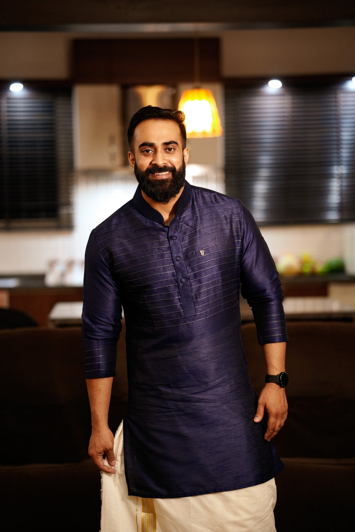 Dark Blue Kurta Set with Horizontal Golden Zari Tucks (Kurta + Kasavu Munde)