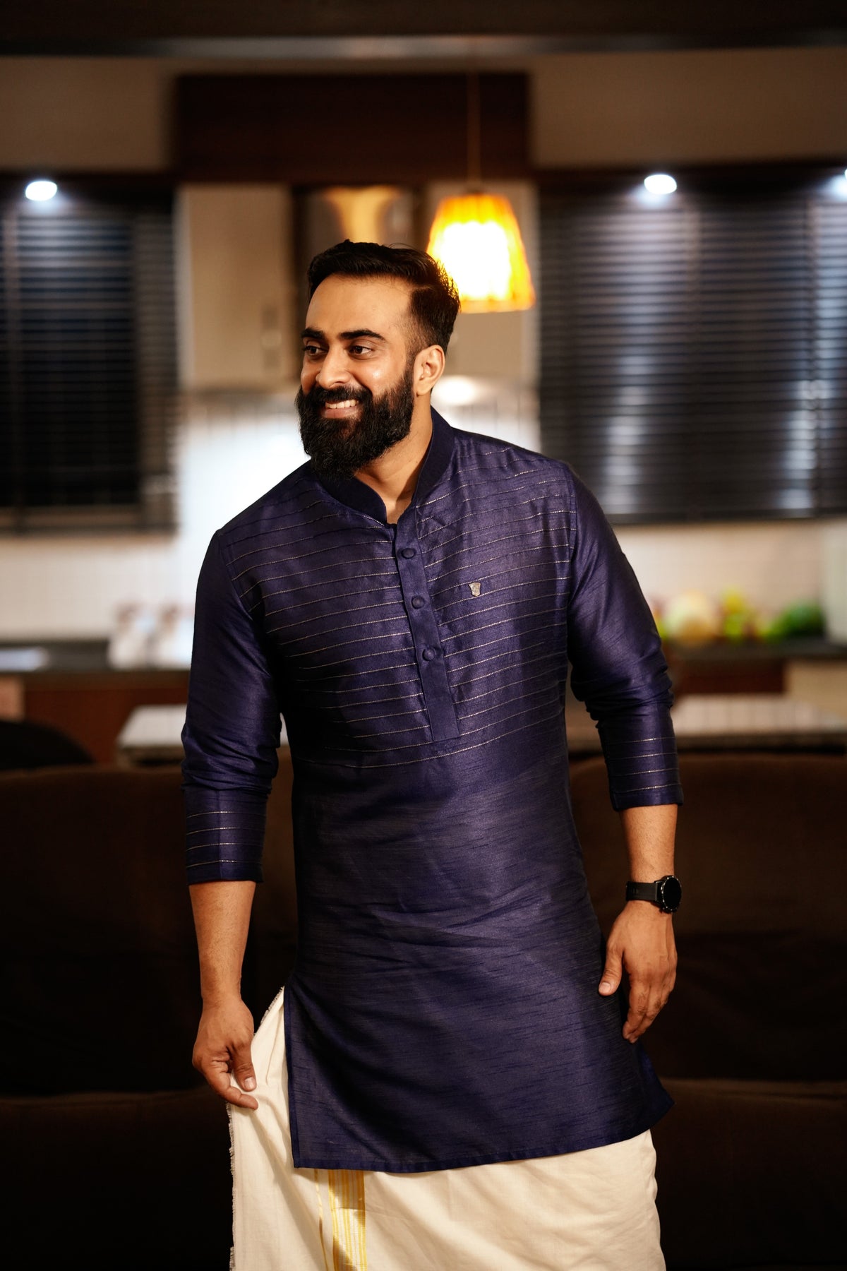 Dark Blue Kurta Set with Horizontal Golden Zari Tucks (Kurta + Kasavu Munde)