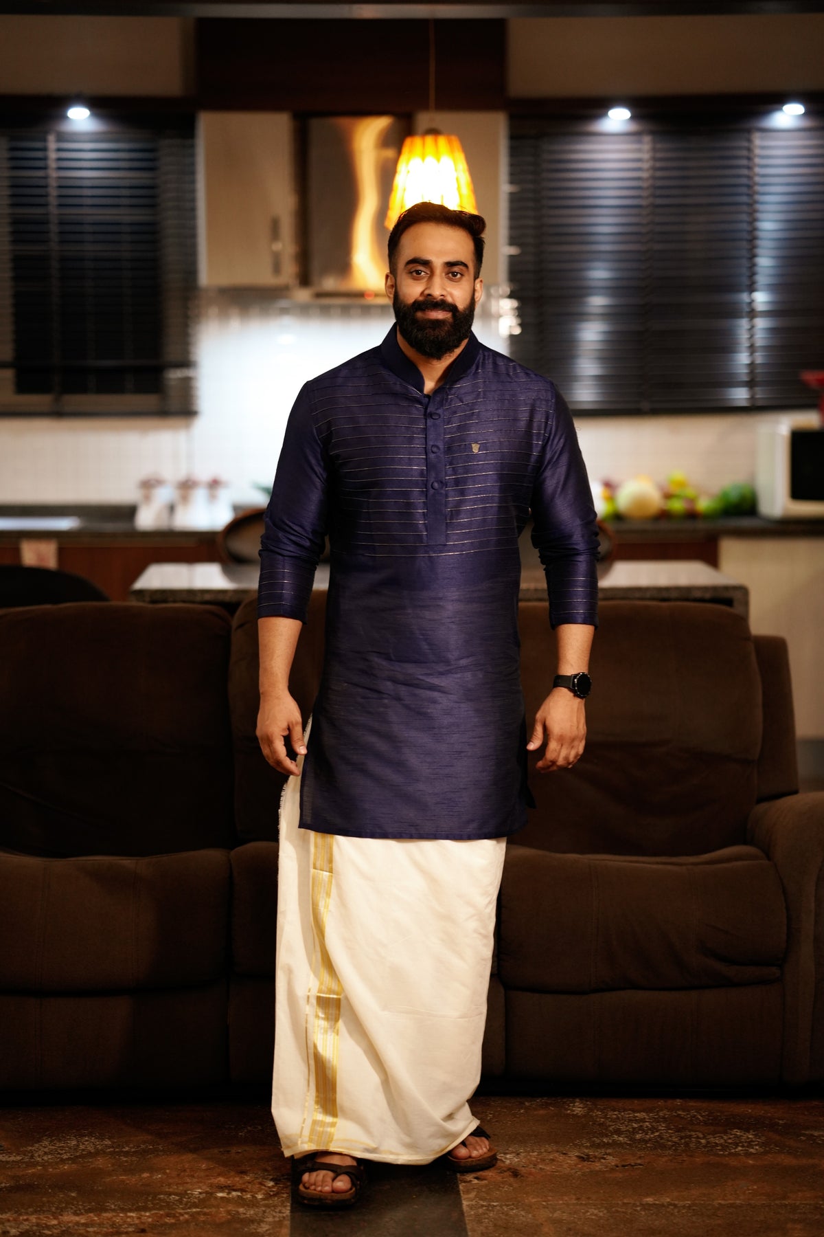 Dark Blue Kurta with Horizontal Golden Zari Tucks (Only Kurta)