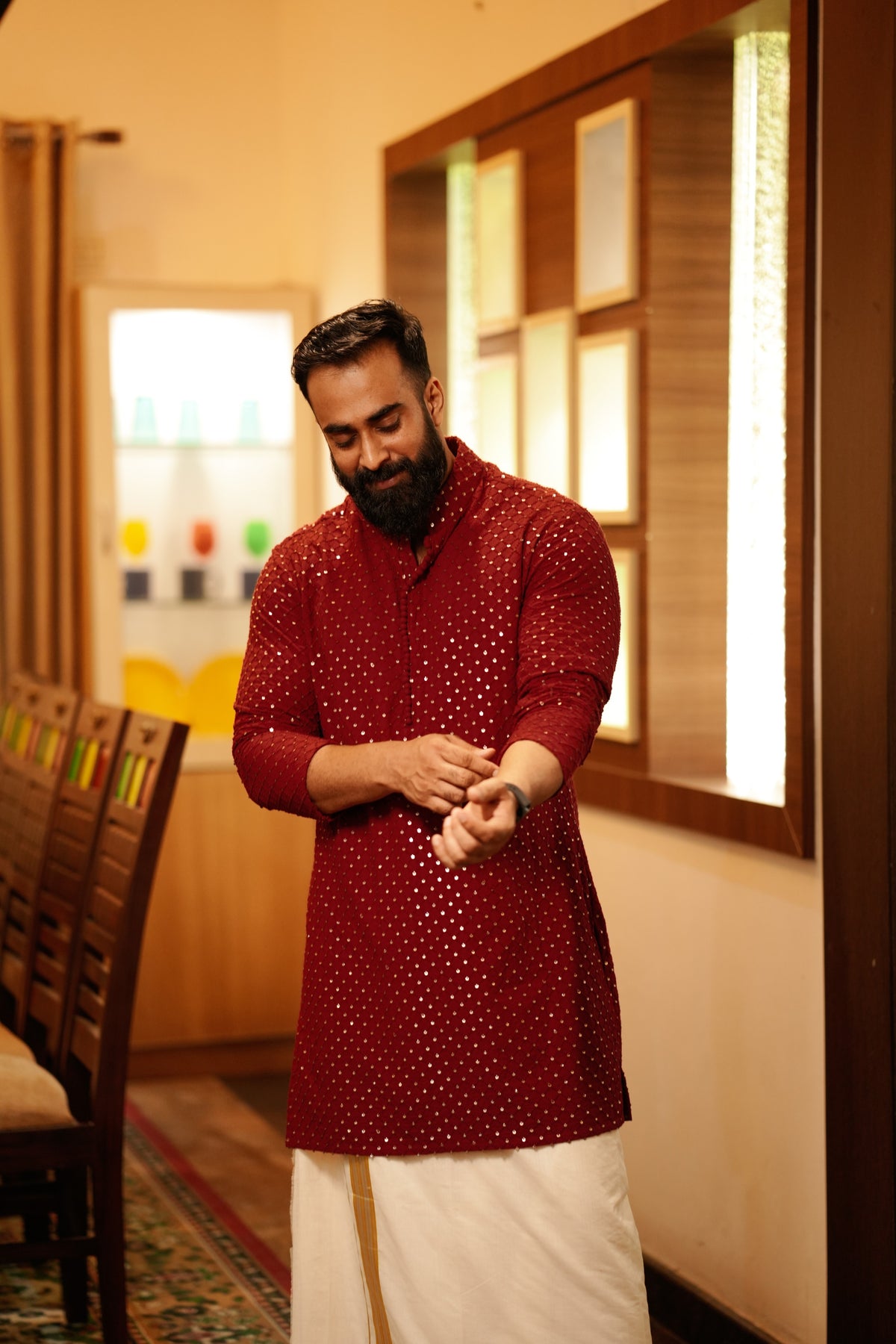 Maroon Red Chikankari Kurta Set with Golden Sequence Detailing (Kurta + Kasavu Munde)