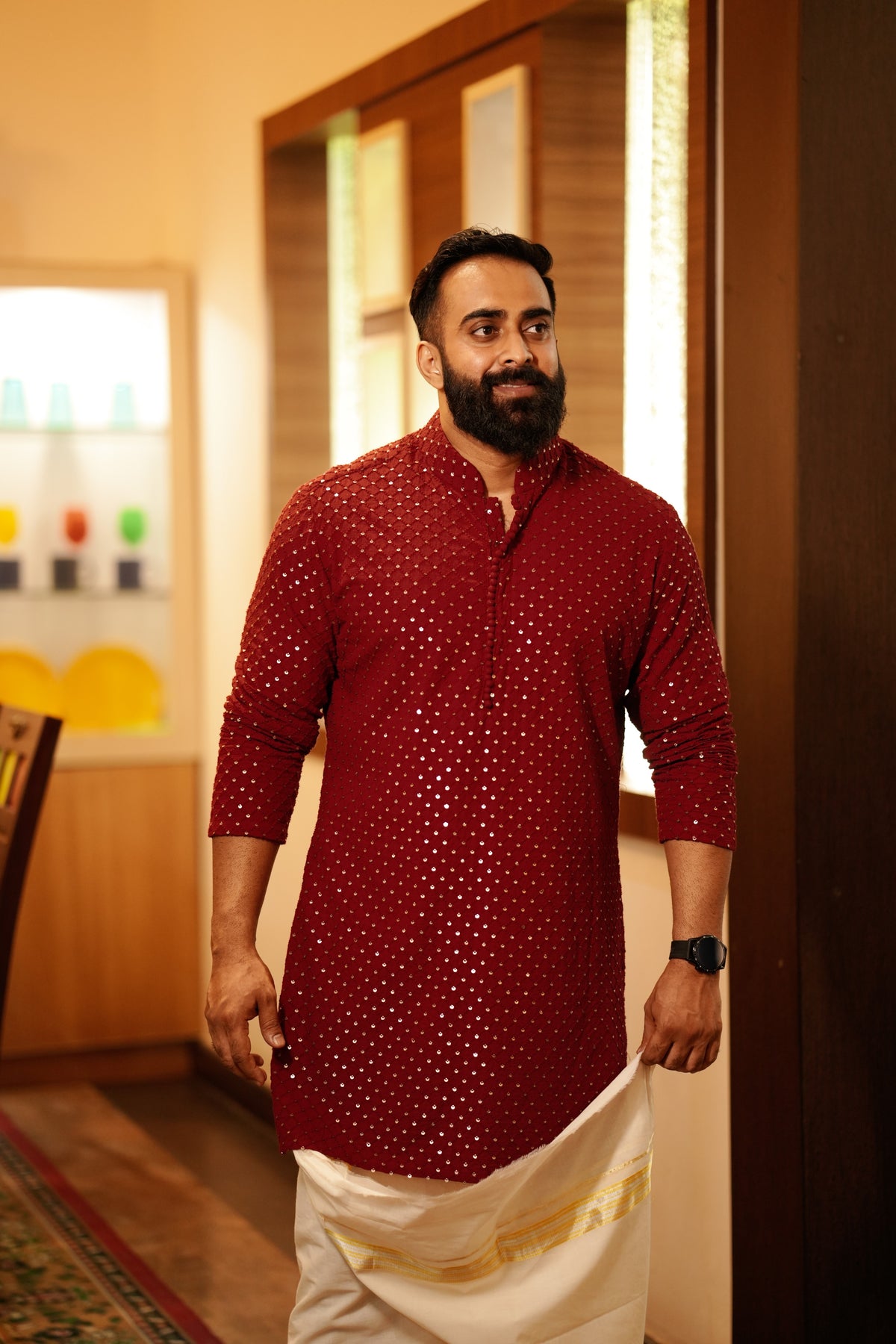 Maroon Red Chikankari Kurta Set with Golden Sequence Detailing (Kurta + Kasavu Munde)