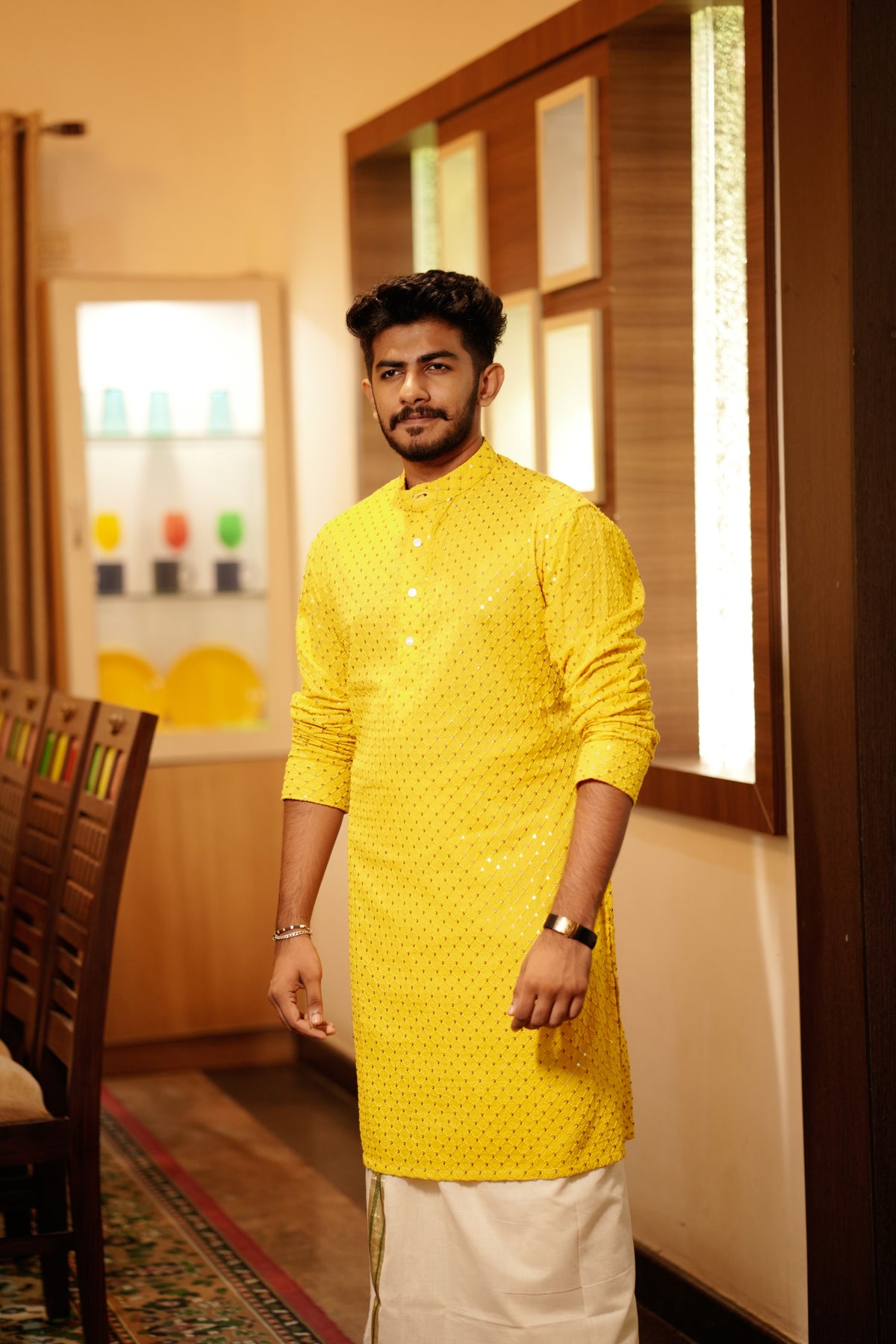 Canary Yellow Chikankari Kurta Set with Golden Sequence Detailing (Kurta + Kasavu Munde)