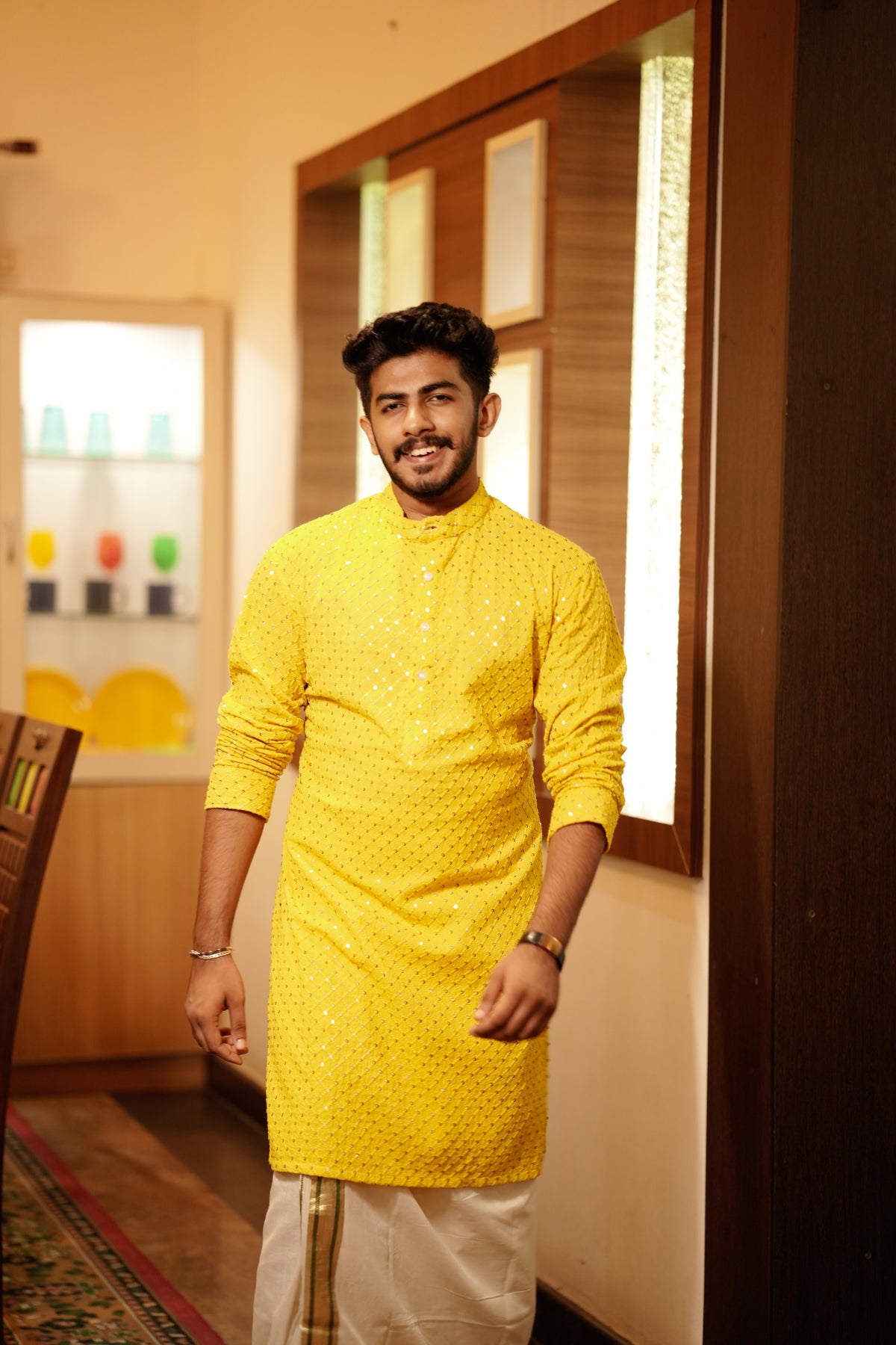 Canary Yellow Chikankari Kurta Set with Golden Sequence Detailing (Kurta + Kasavu Munde)