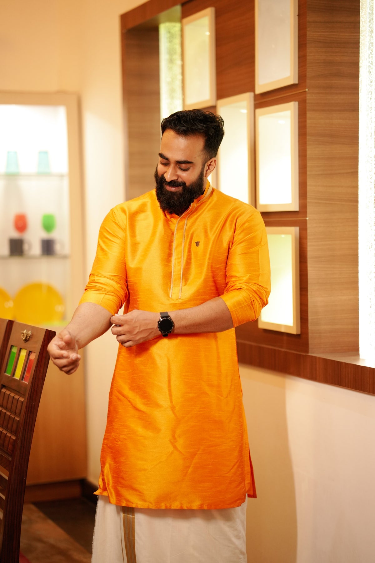 Tangerine Orange Kurta Set With Golden Zari Detailing (Kurta + Kasavu Munde)