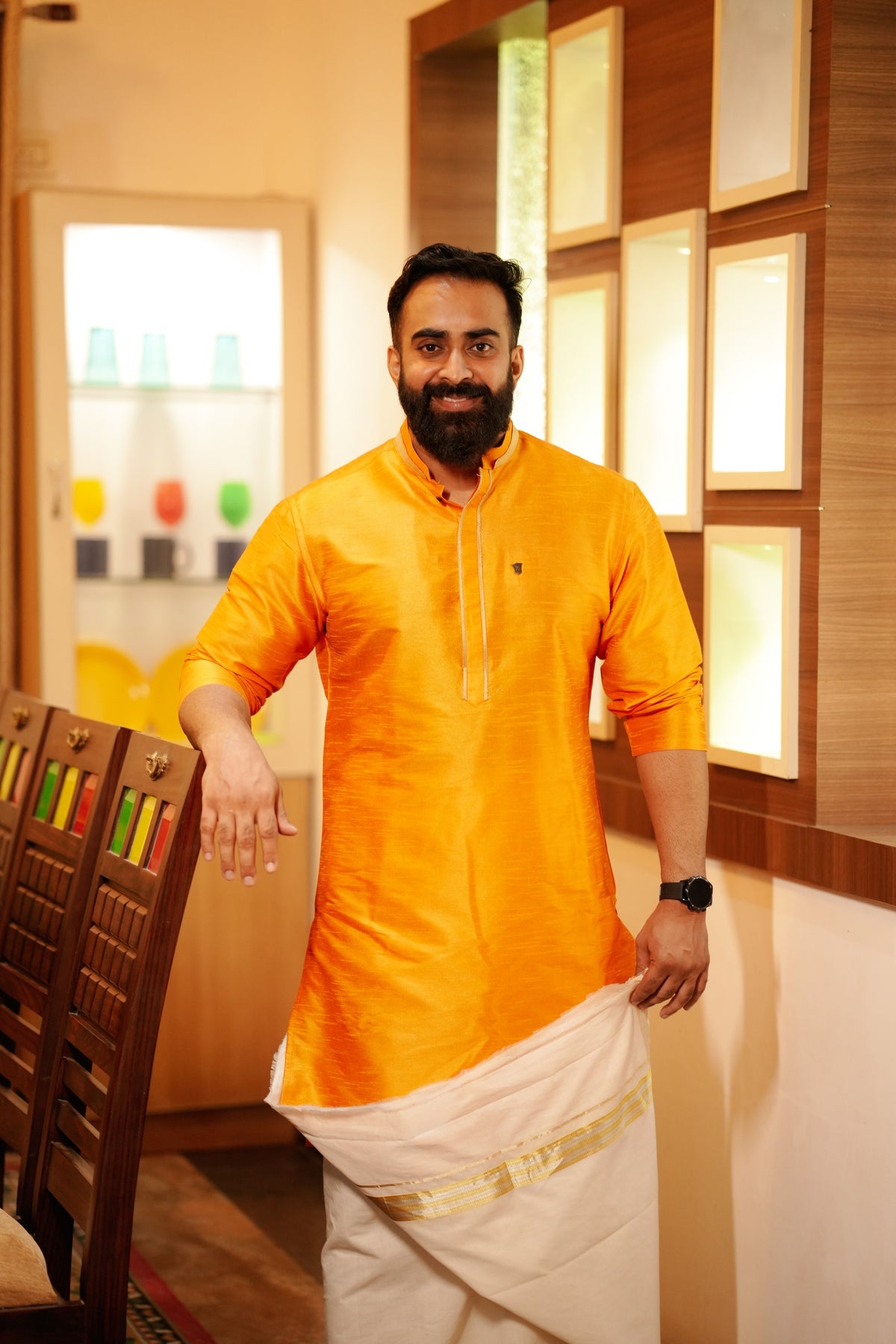 Tangerine Orange Kurta Set With Golden Zari Detailing (Kurta + Kasavu Munde)
