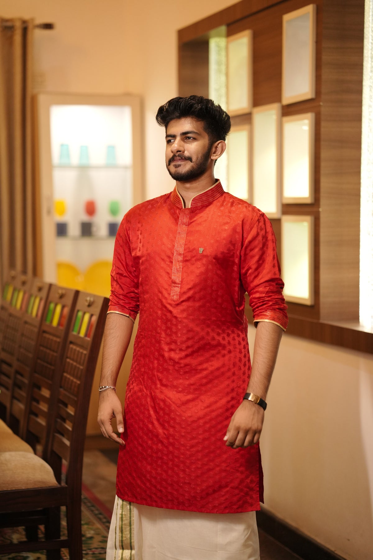 Apple Red Brocade Kurta Set with Golden Zari Thread Detailing (Kurta + Kasavu Munde)