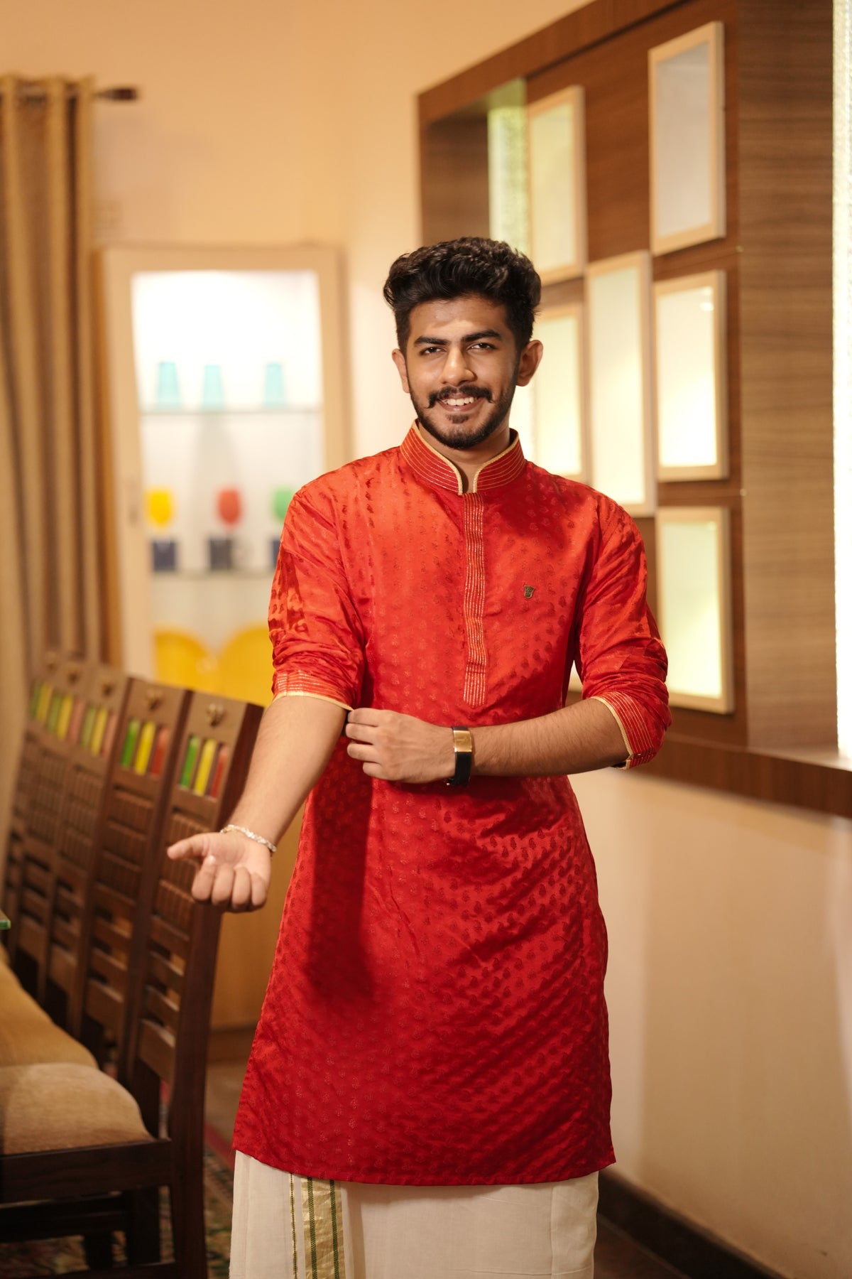 Apple Red Brocade Kurta Set with Golden Zari Thread Detailing (Kurta + Kasavu Munde)
