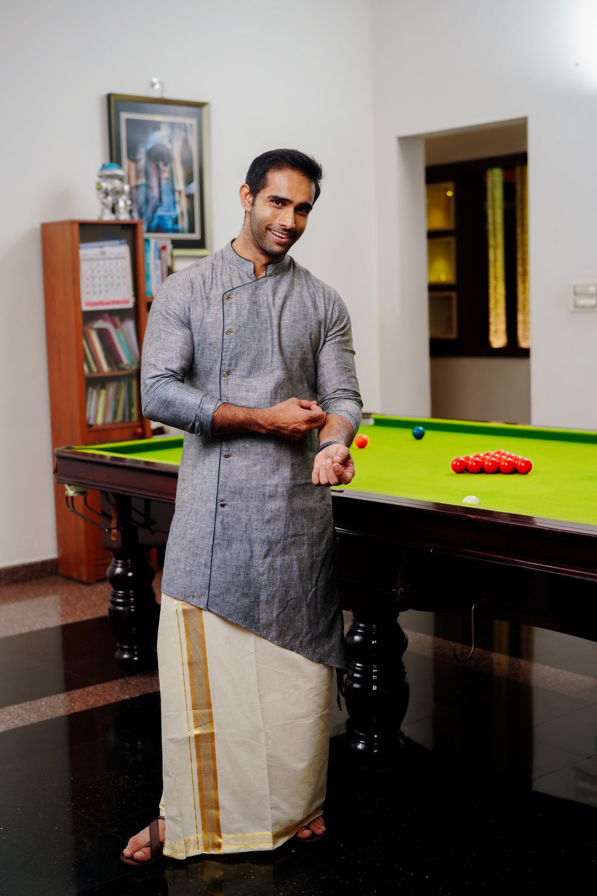 Steel Grey Irish Linen Asymmetrical Side Open Kurta Set (Kurta + Kasavu Munde)