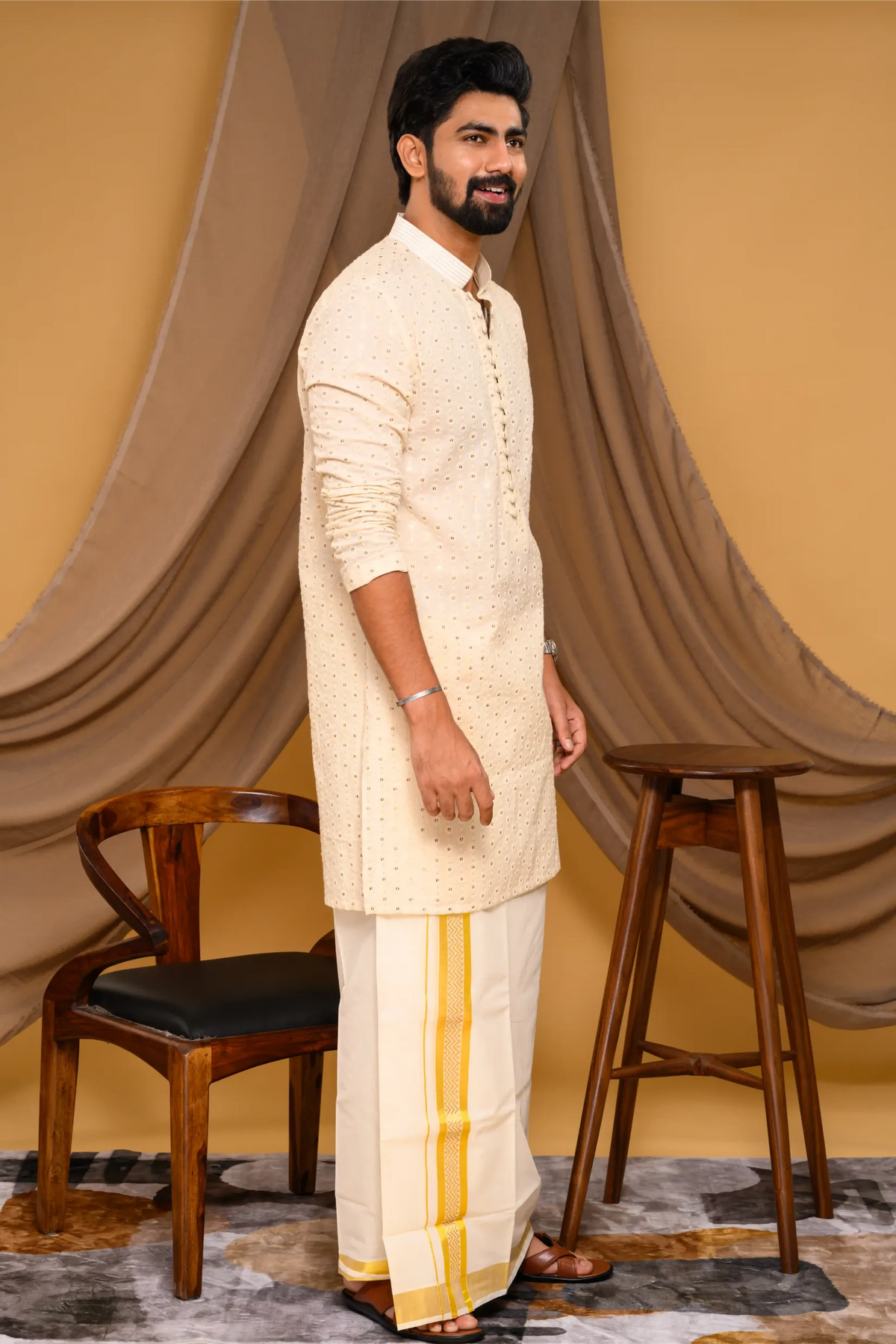 Off White Chikankari Kurta with small Golden Buta design (Kurta Only)