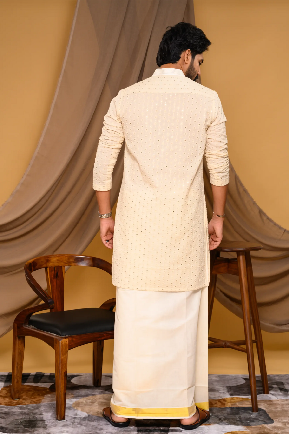 Off White Chikankari Kurta with small Golden Buta design (Kurta Only)