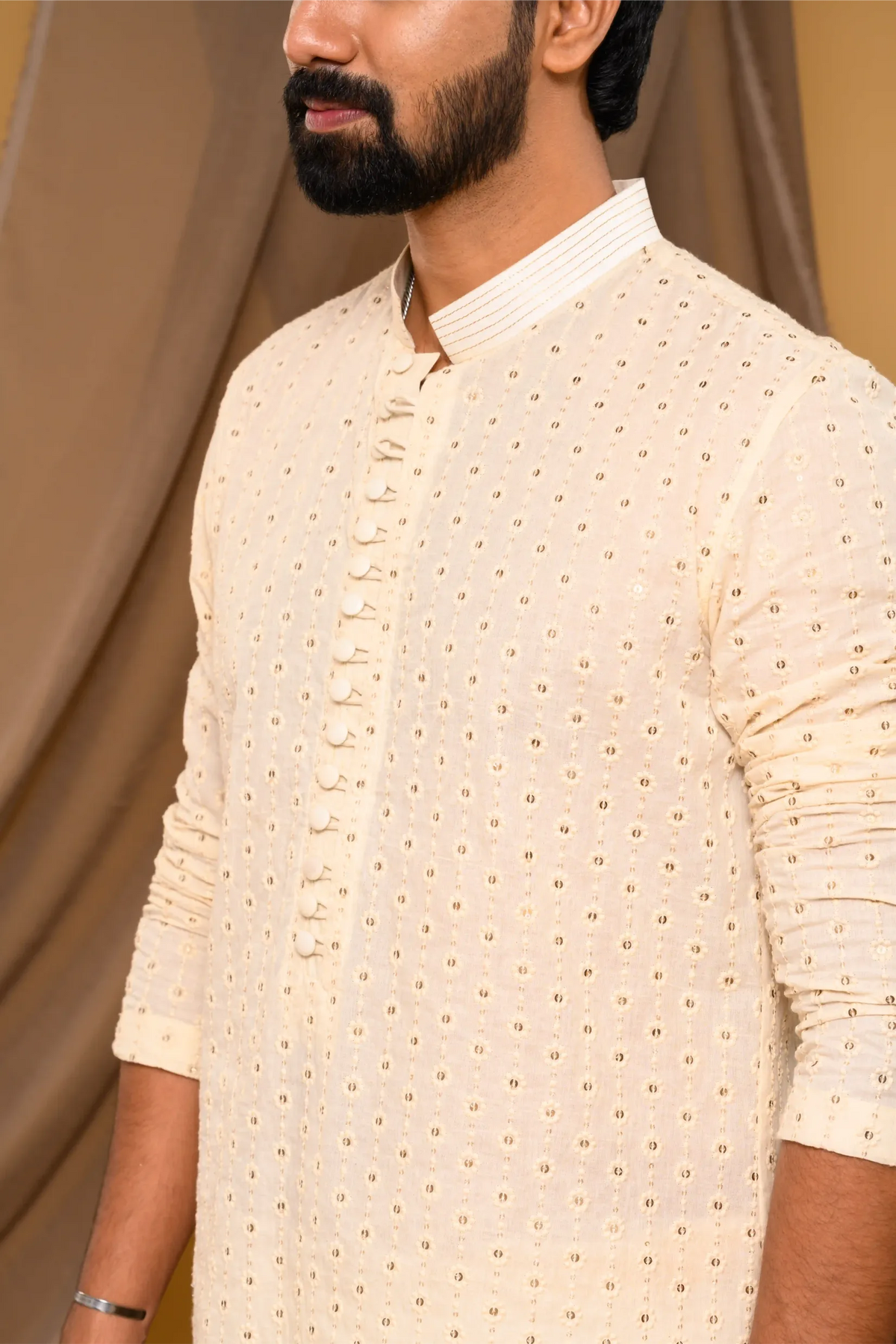 Off White Chikankari Kurta with small Golden Buta design (Kurta Only)