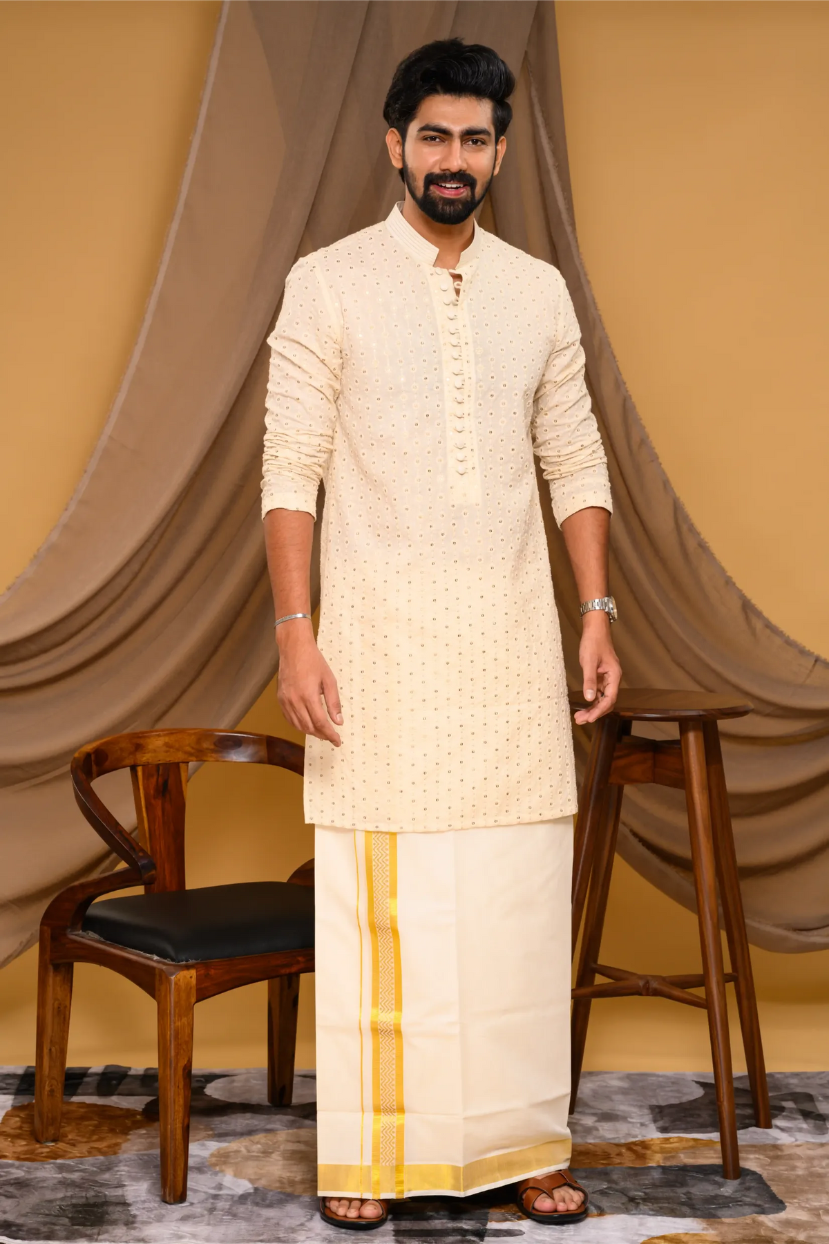 Off White Chikankari Kurta with small Golden Buta design (Kurta + Munde + Melmunde)