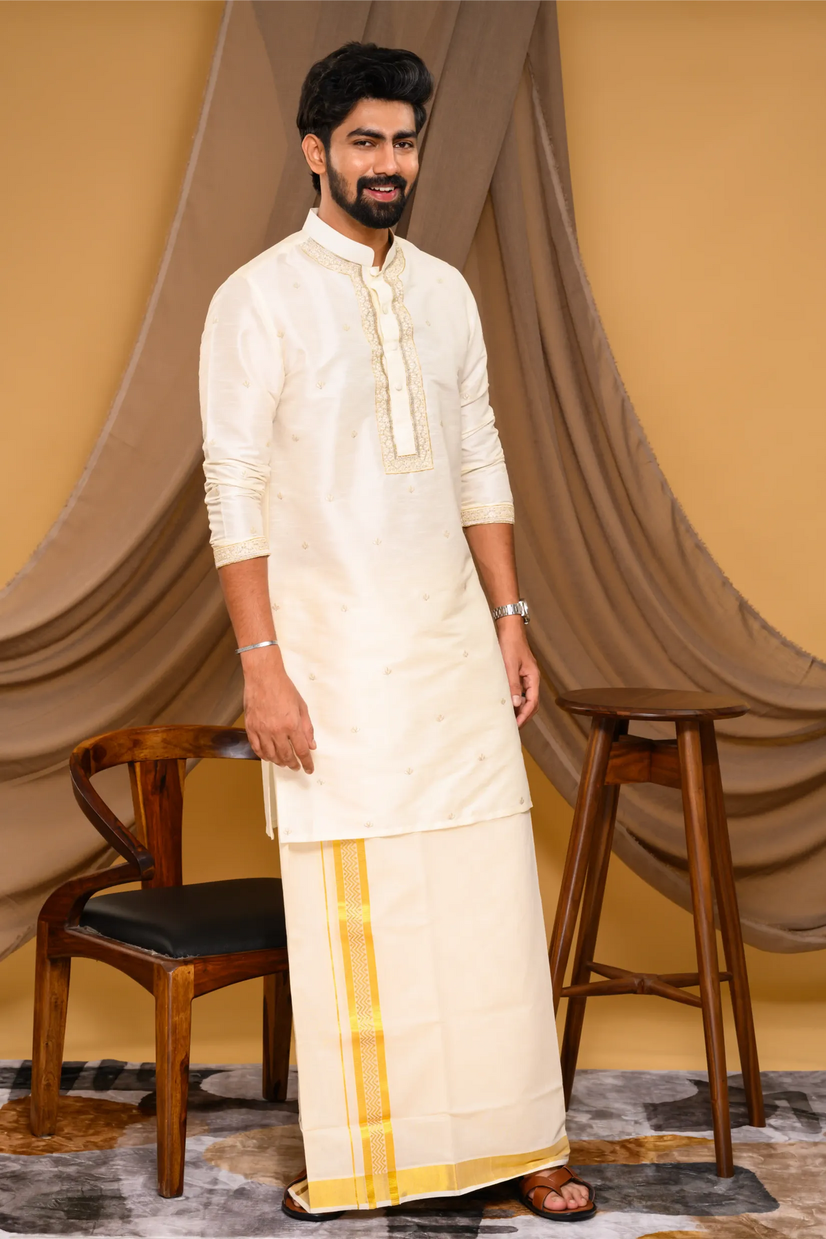 Off- White Silk Kurta with Hand Embroidery detailing on placket, neck border & sleeve edge - floral body spread work (Kurta + Munde + Melmunde)