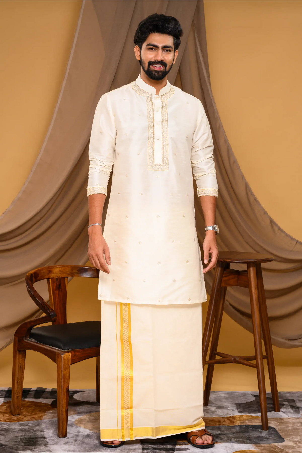 Off- White Silk Kurta with Hand Embroidery detailing on placket, neck border & sleeve edge - floral body spread work (Kurta)