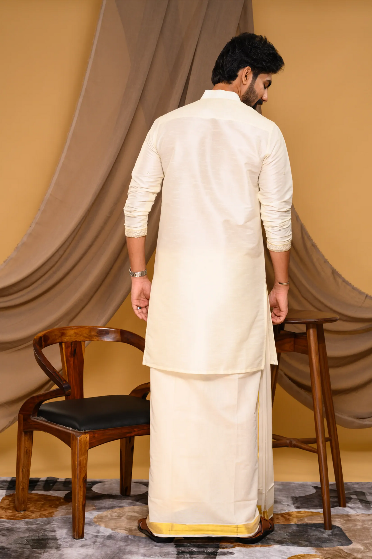 Off- White Silk Kurta with Hand Embroidery detailing on placket, neck border & sleeve edge - floral body spread work (Kurta)