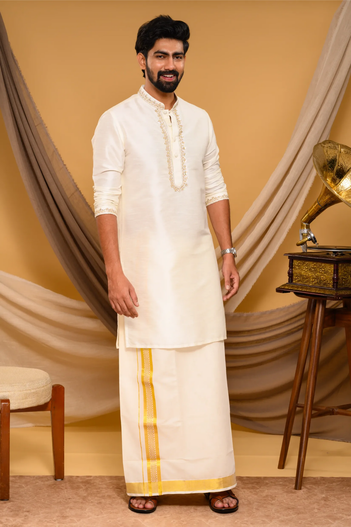 Off- White Silk Kurta with Hand Embroidery detailing on Neck, placket edge & sleeve edge - floral body spread work (Kurta + Munde + Melmunde)