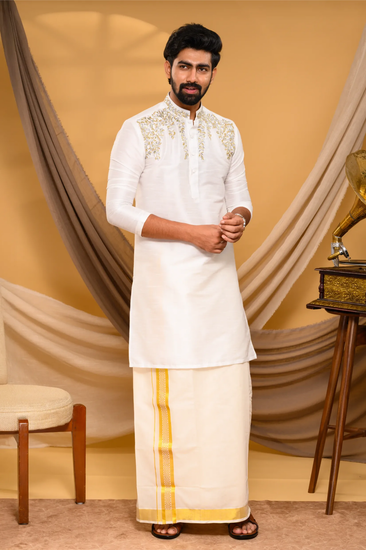 Off- White Silk Kurta with Hand Embroidery detailing  on shoulder line & neck (Kurta + Munde)