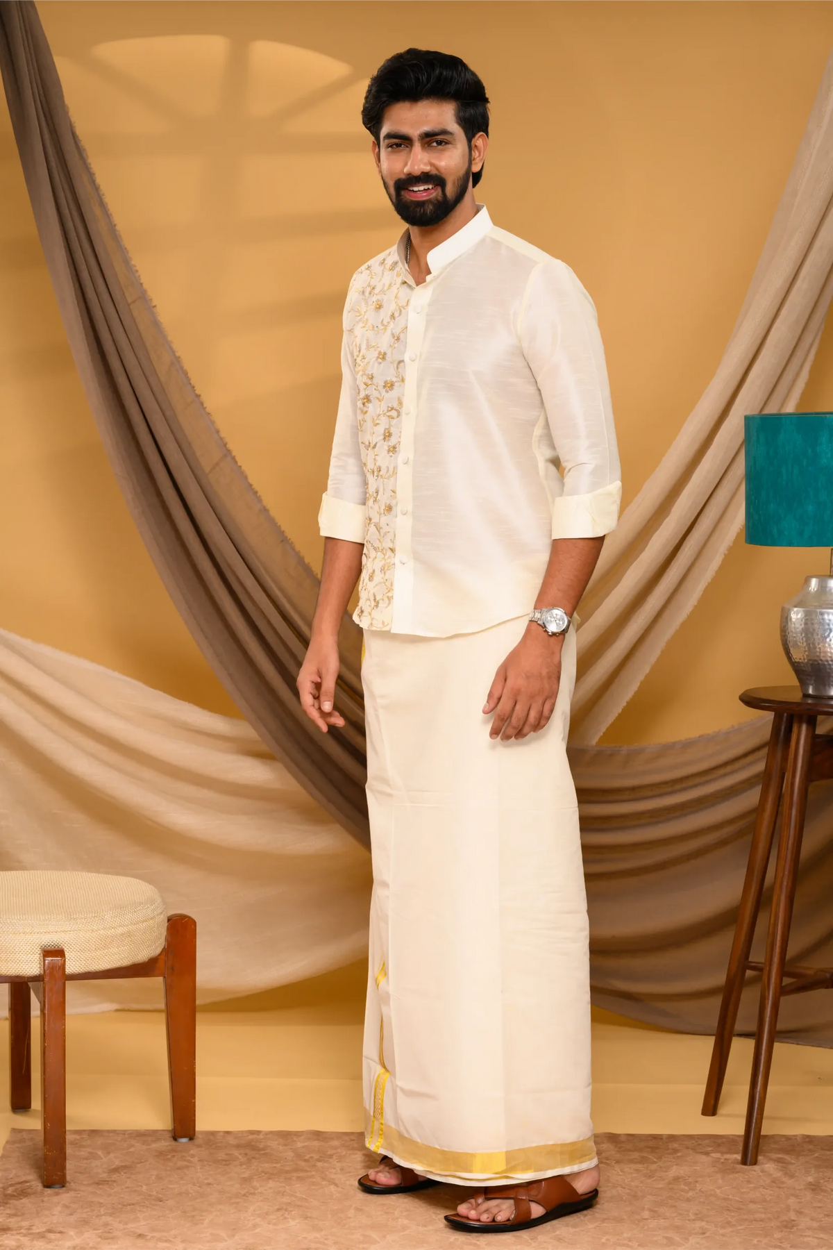 Off White Traditional Shirt with Golden Handwork detailing on Sinlge Side Bodice (Shirt + Munde)