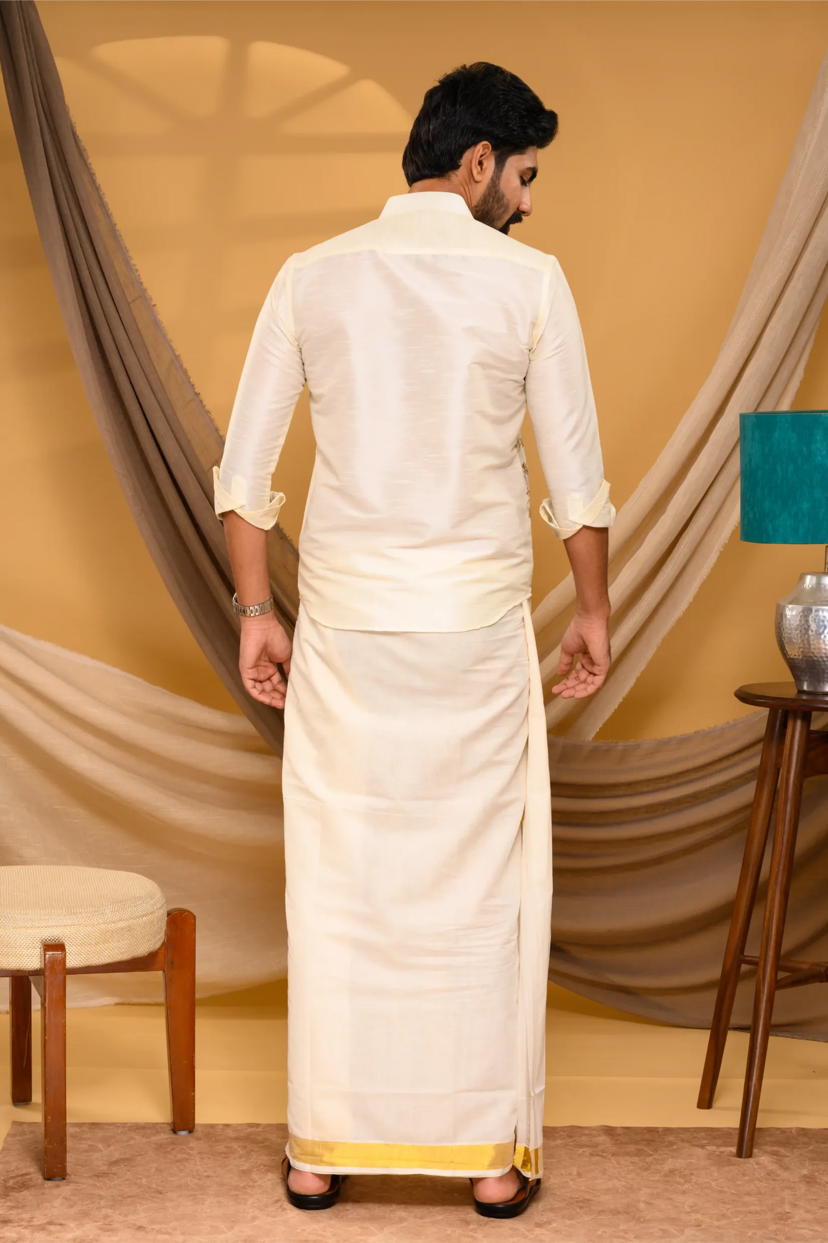 Off White Traditional Shirt with Golden Handwork detailing on Sinlge Side Bodice (Shirt + Munde)