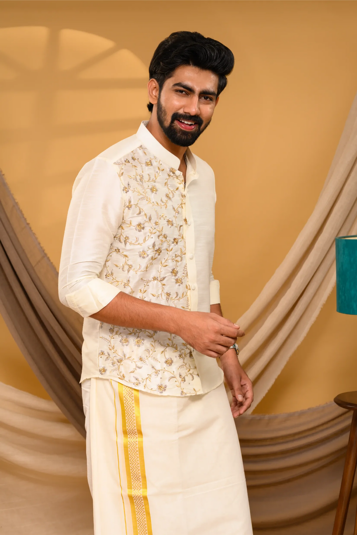 Off White Traditional Shirt with Golden Handwork detailing on Sinlge Side Bodice (Shirt + Munde)