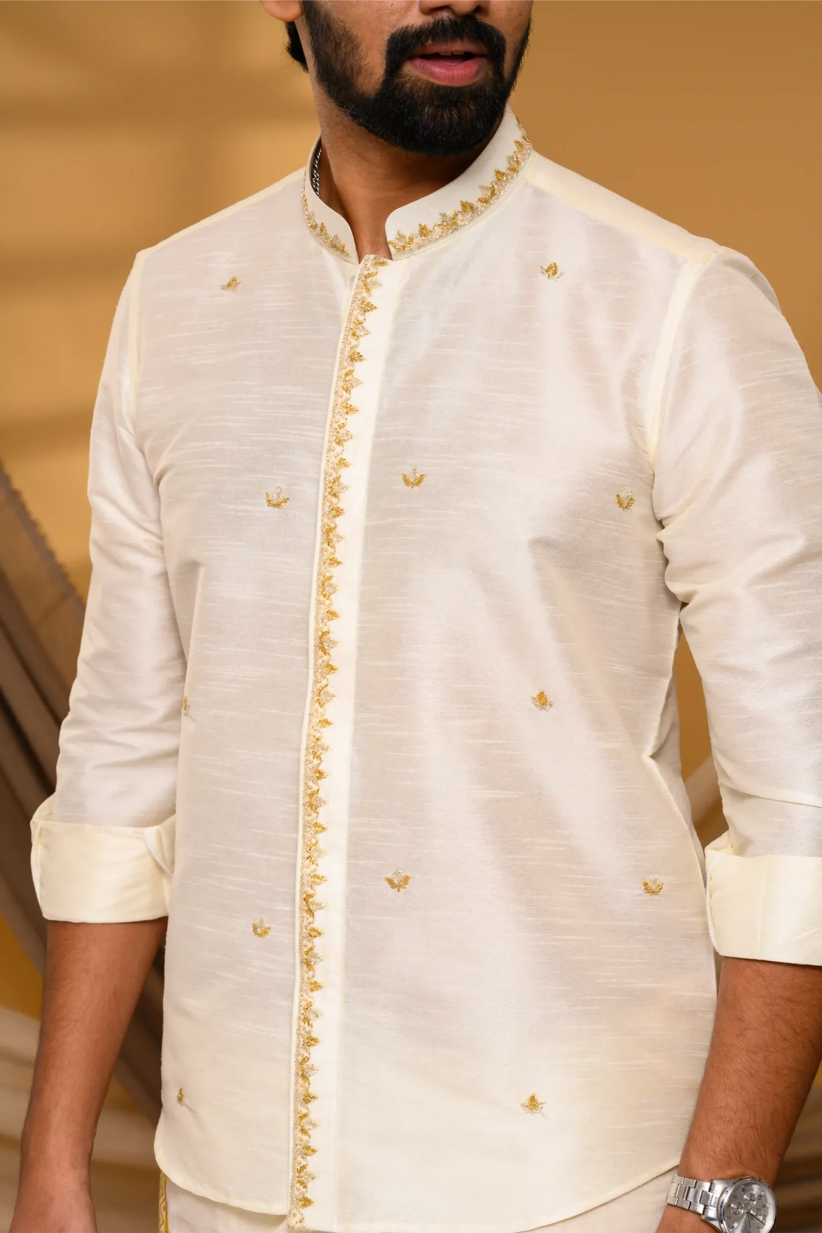 Off White Traditional Shirt with Golden Handwork detailing on Neck & concealed placket (Shirt Only)