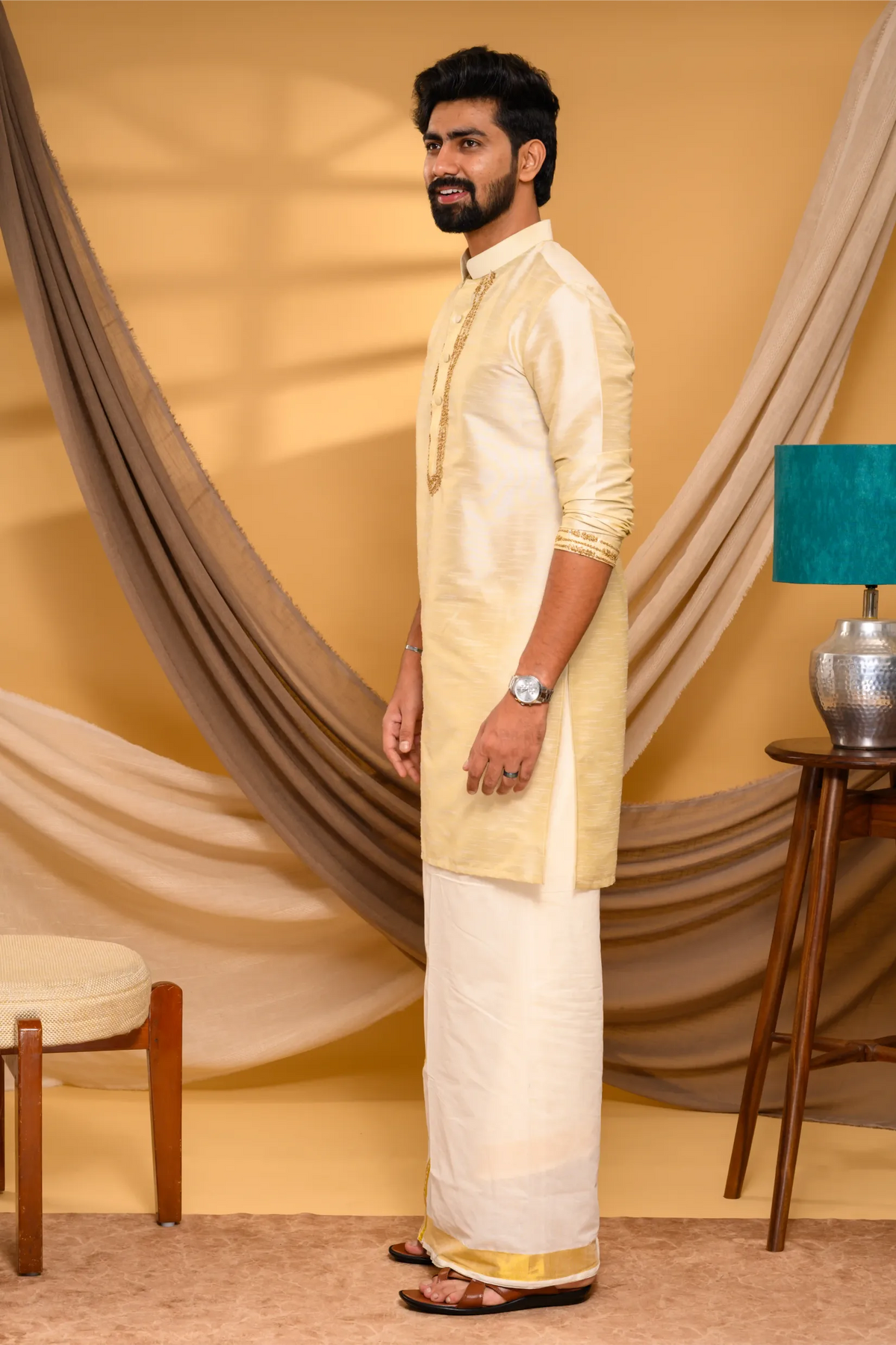 Light Golden Silk Kurta with Golden Chain Handwork detailing on placket border & sleeve edge (Kurta + Munde)