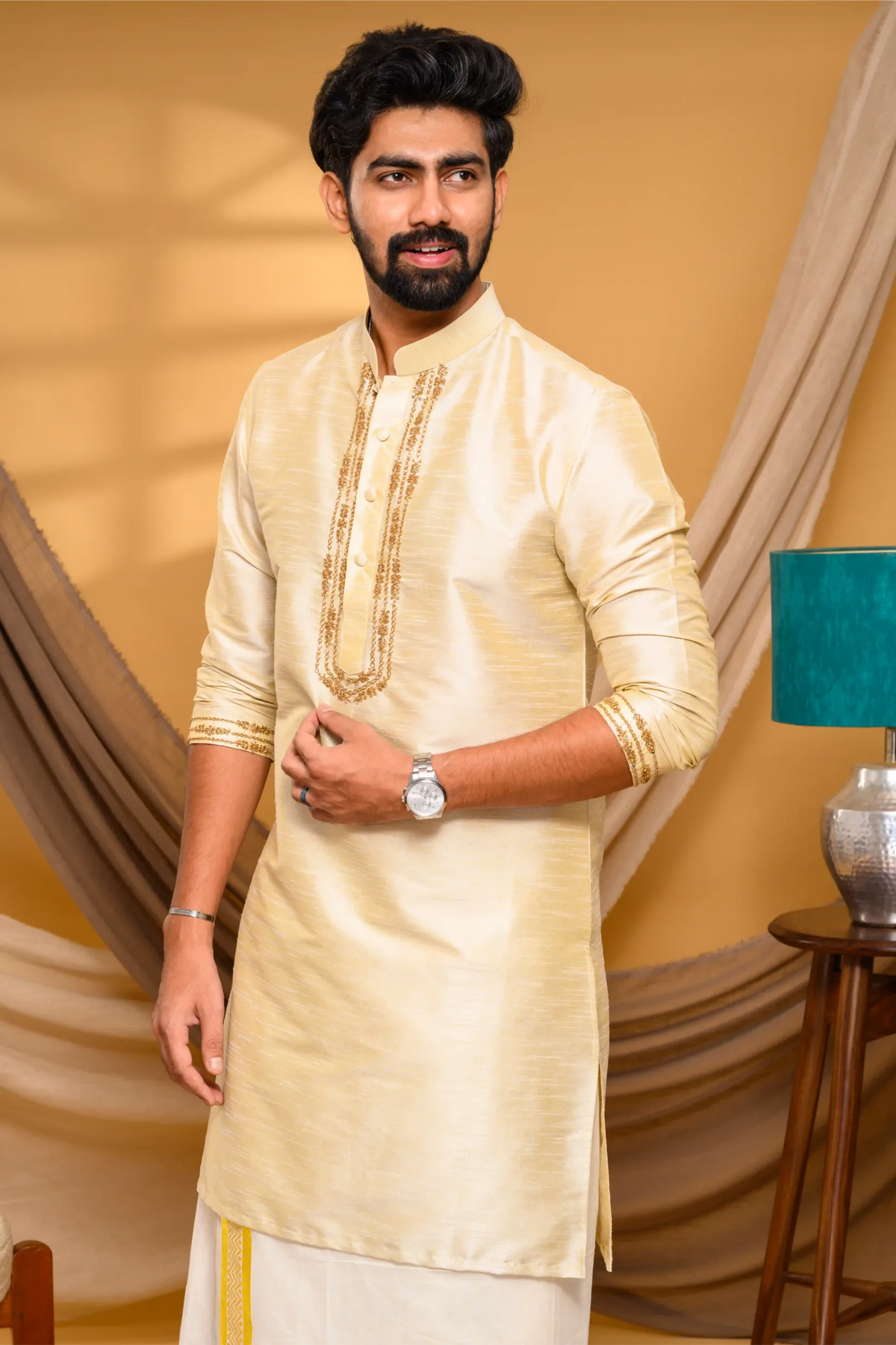Light Golden Silk Kurta with Golden Chain Handwork detailing on placket border & sleeve edge (Kurta + Munde)