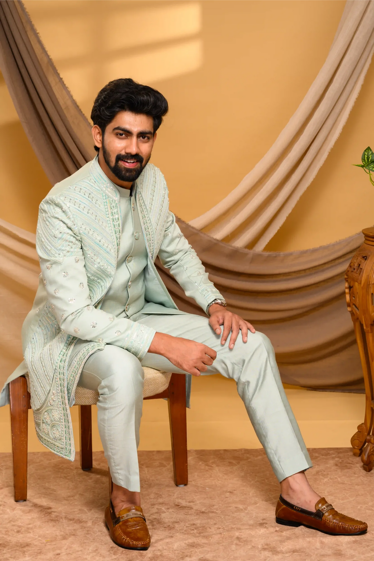 Embroidered Pastel Mint Shade Open Indo Western Slim Jacket paired with Kurta & Narrow Pants  (Set of 3)