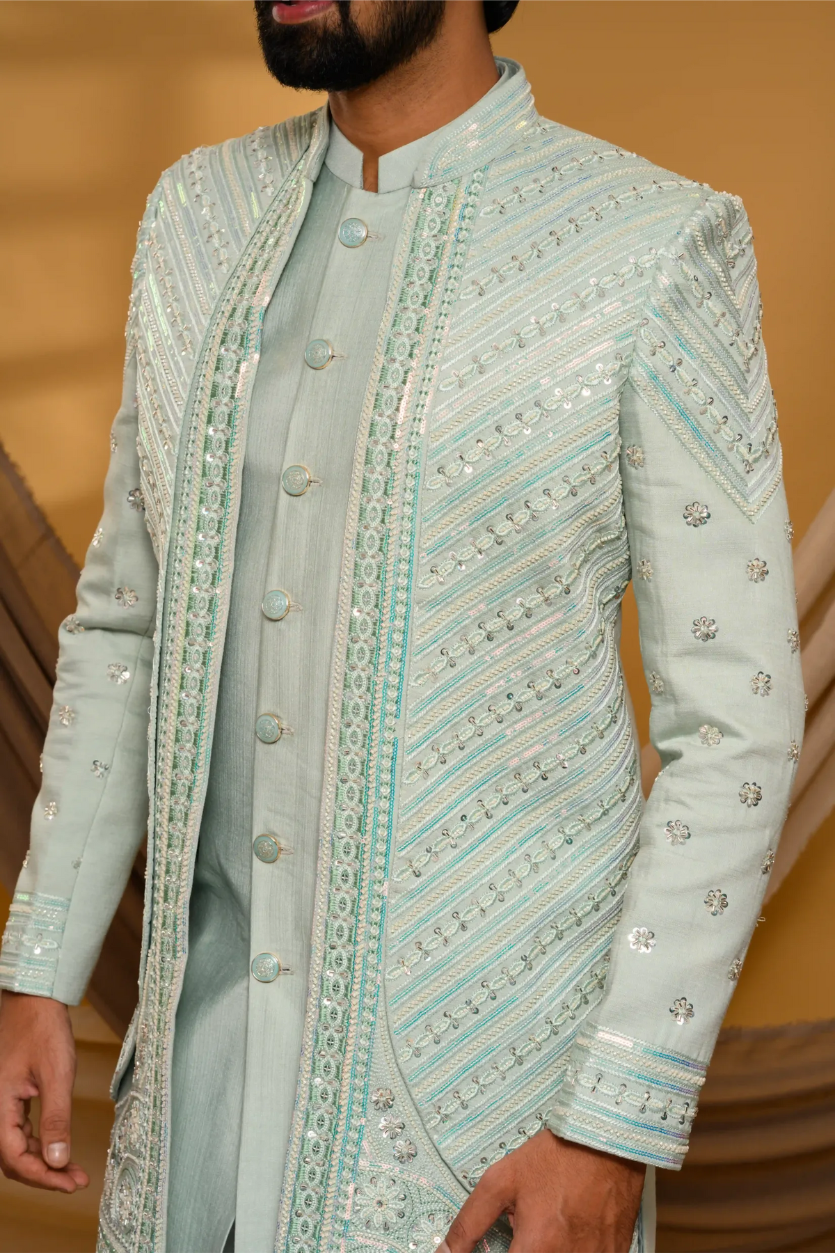 Embroidered Pastel Mint Shade Open Indo Western Slim Jacket paired with Kurta & Narrow Pants  (Set of 3)
