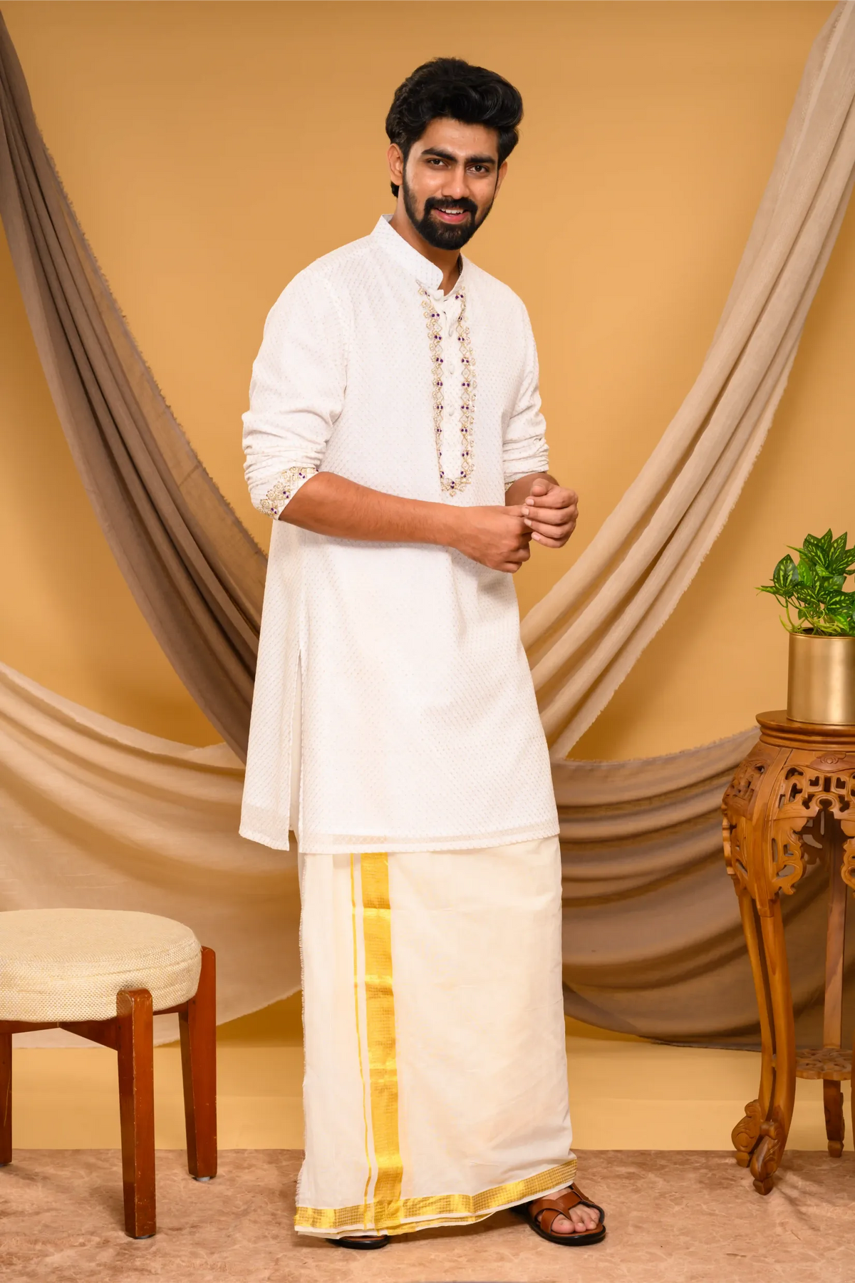 Ivory Chikankari Kurta with Hand Embroidery detailing on placket & sleeve edge (Kurta + Munde)