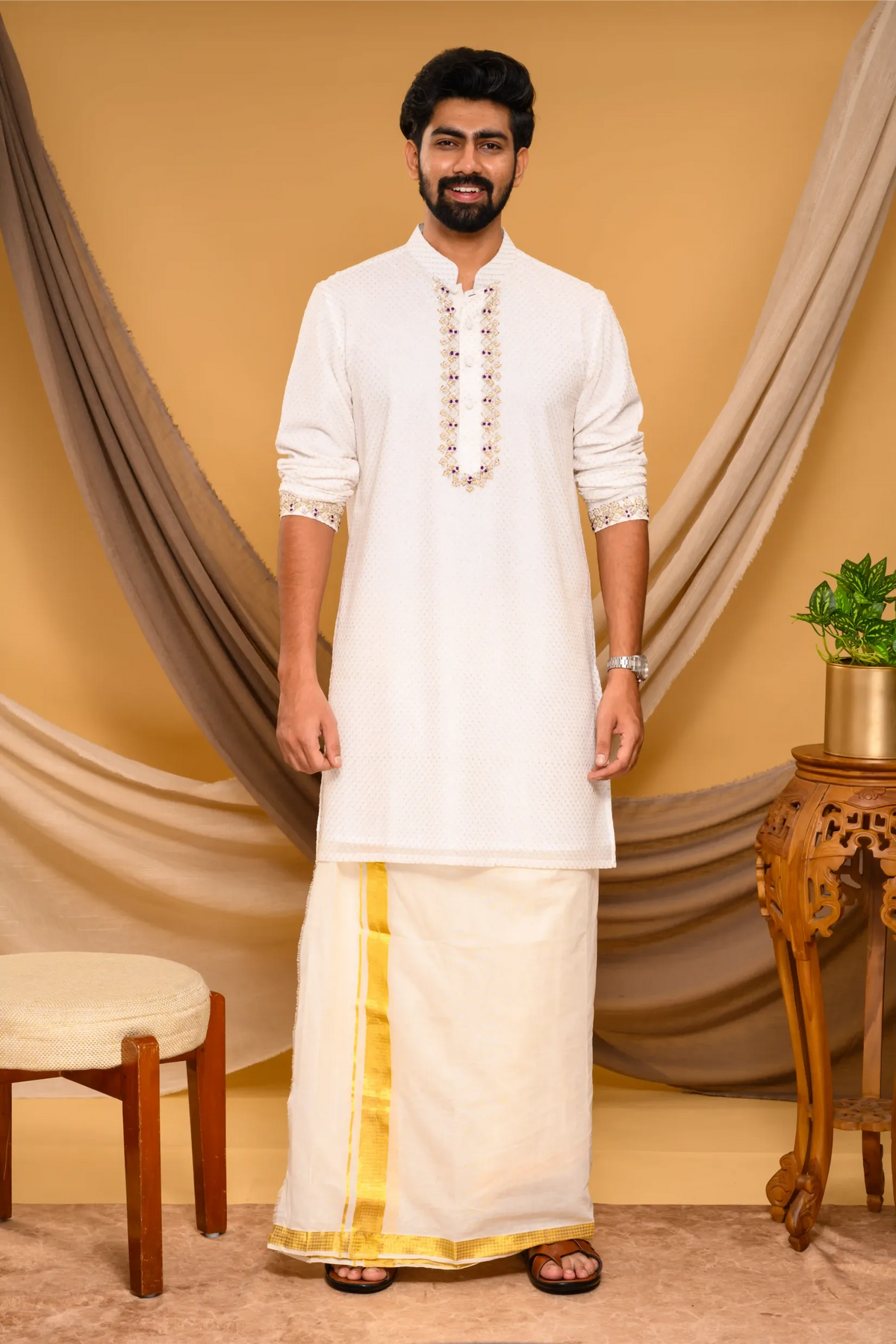 Ivory Chikankari Kurta with Hand Embroidery detailing on placket & sleeve edge (Kurta + Munde)