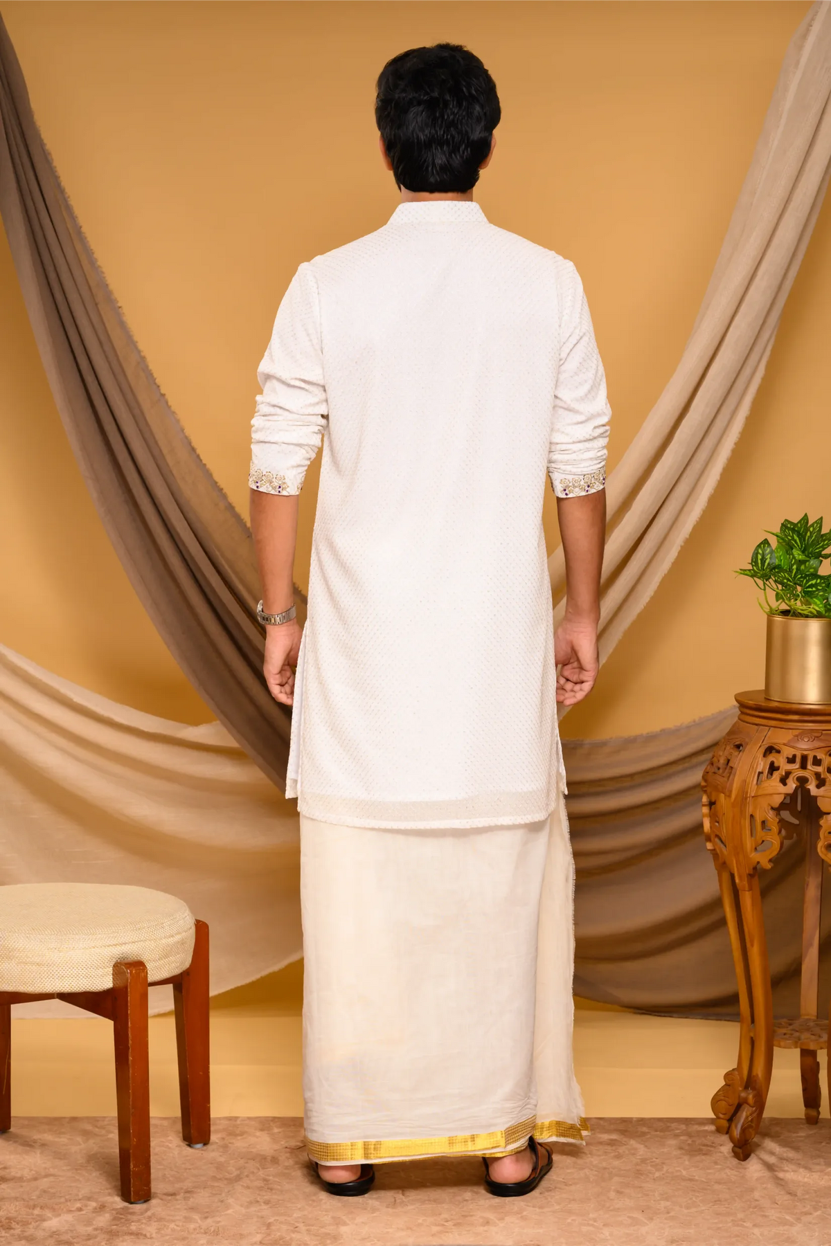 Ivory Chikankari Kurta with Hand Embroidery detailing on placket & sleeve edge (Kurta + Munde)