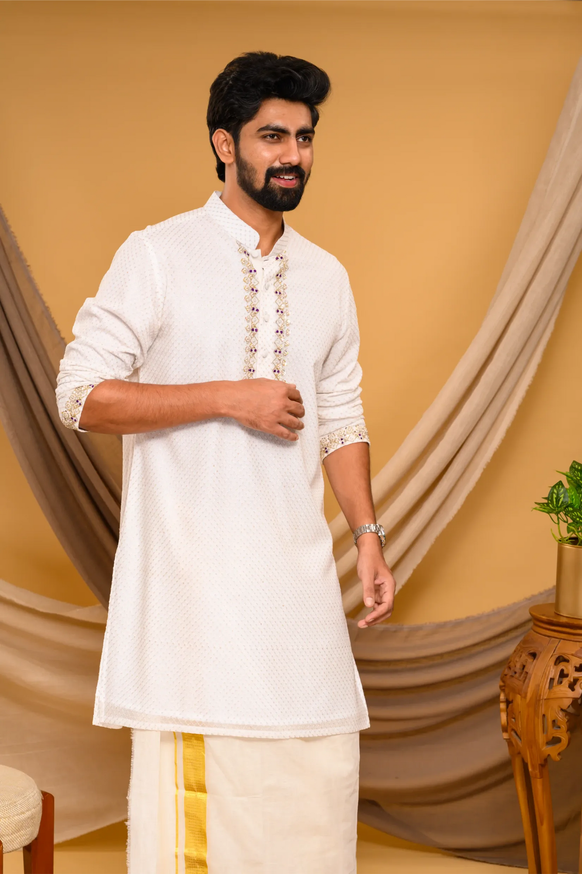 Ivory Chikankari Kurta with Hand Embroidery detailing on placket & sleeve edge (Kurta + Munde)