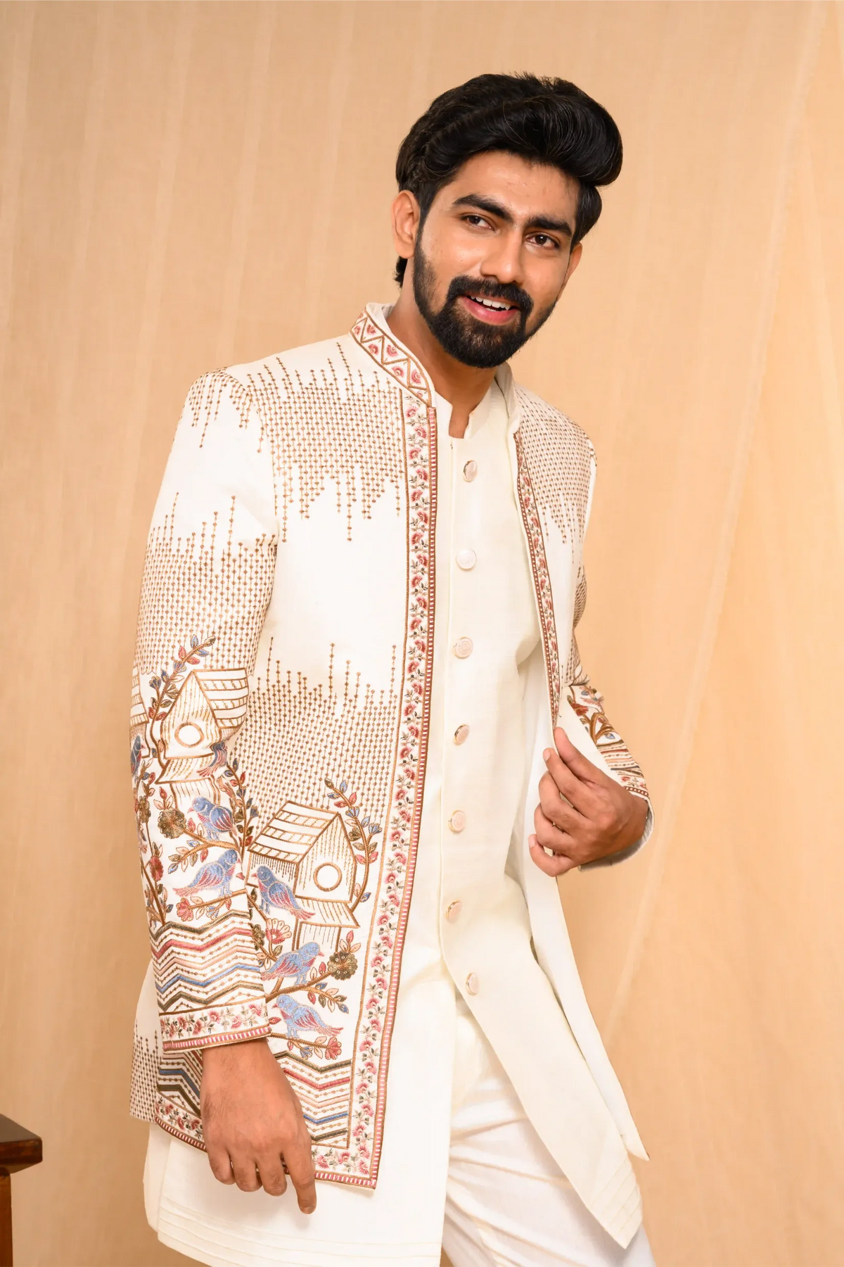 Embroidered Ivory Shade Open Indo Western Slim Jacket paired with Kurta & Narrow Pants  (Set of 3)