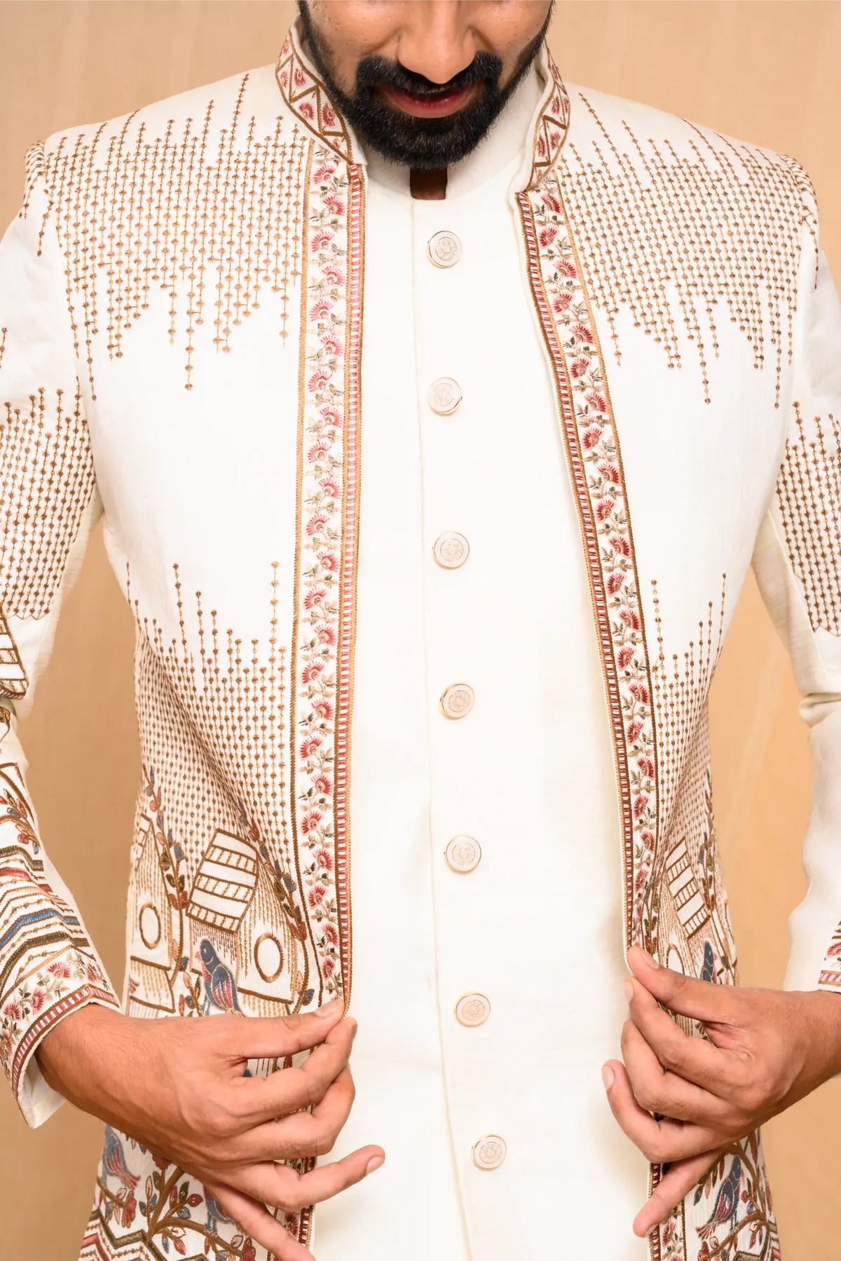 Embroidered Ivory Shade Open Indo Western Slim Jacket paired with Kurta & Narrow Pants  (Set of 3)