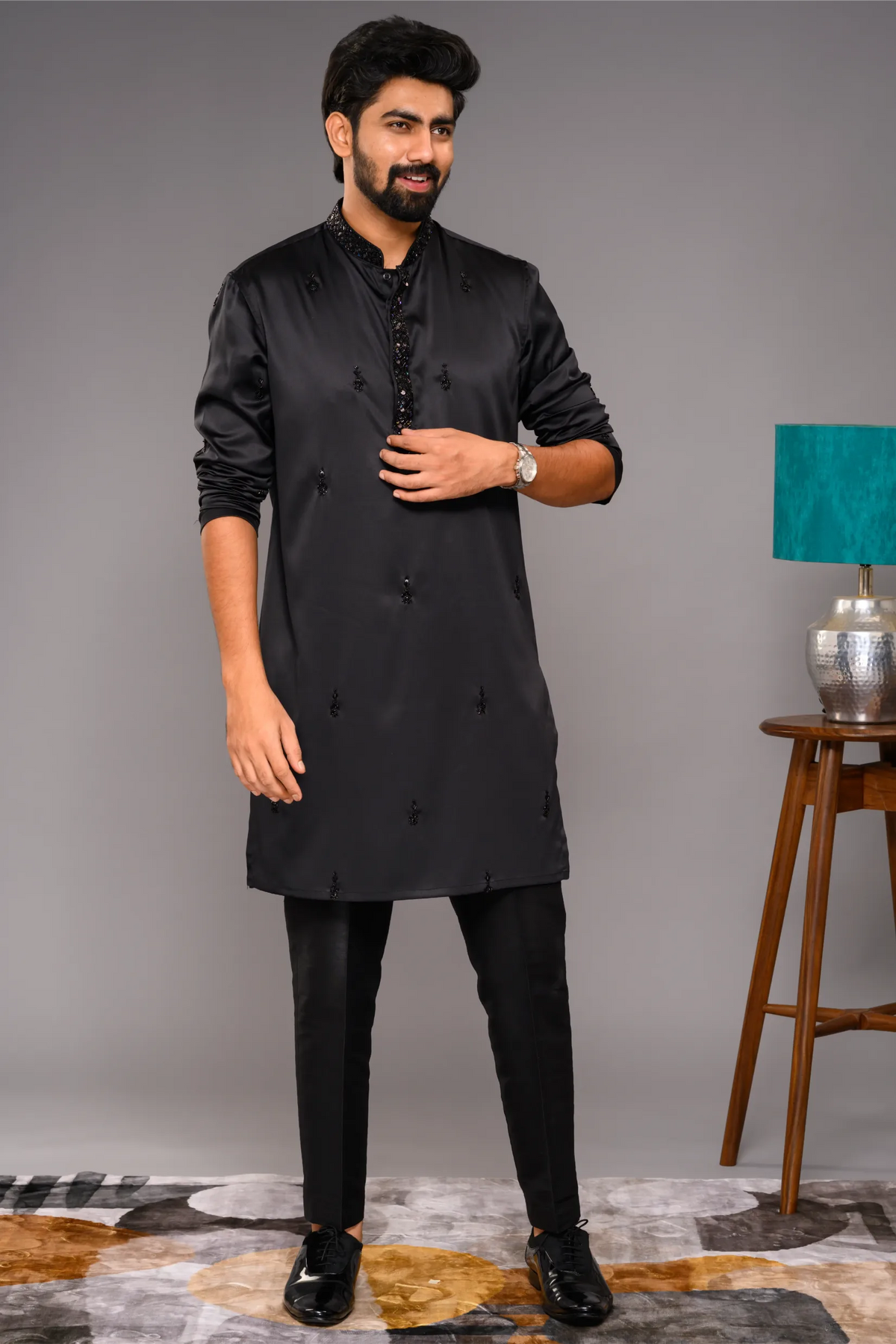 Festive Glossy Black Kurta with Hand Embroidery Detailing (Kurta + Narrow Pants)
