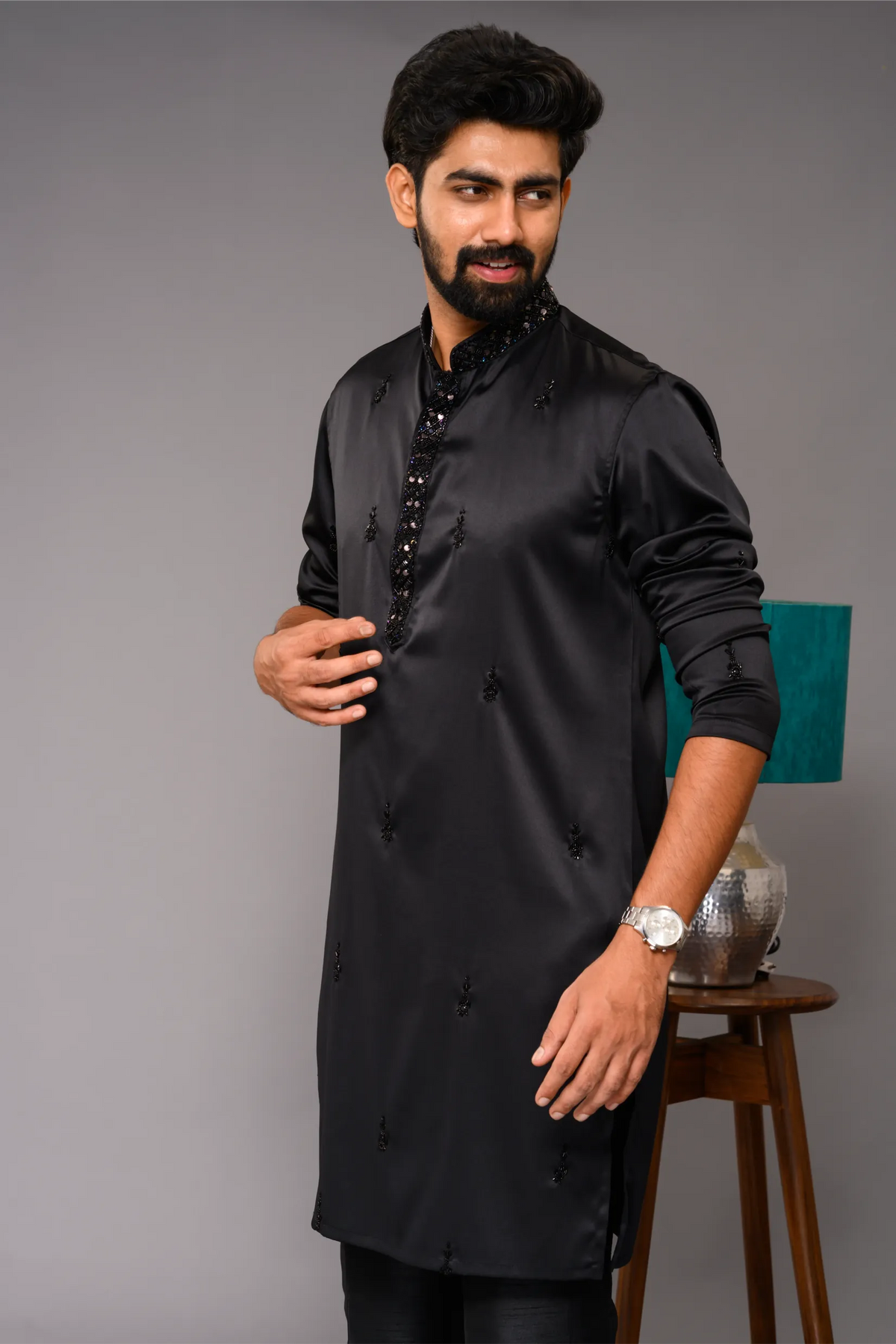 Festive Glossy Black Kurta with Hand Embroidery Detailing (Kurta + Narrow Pants)