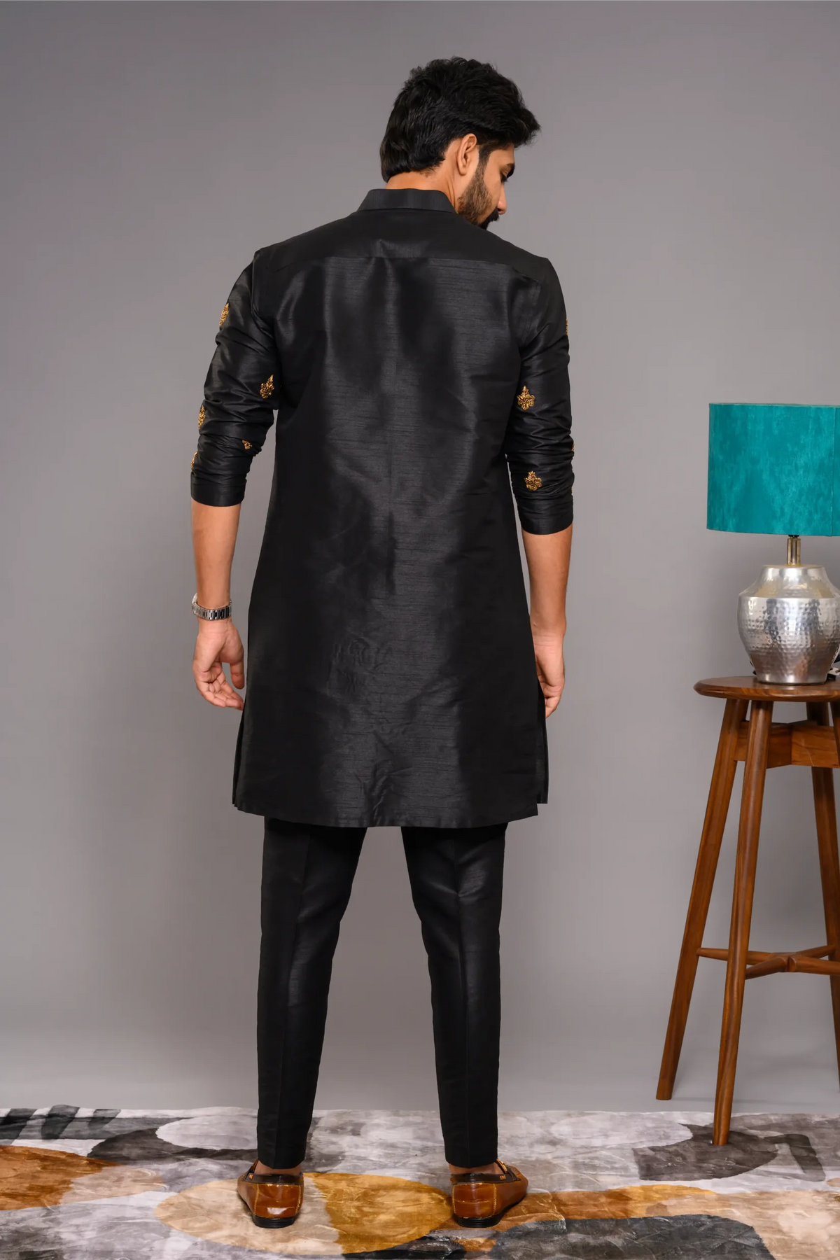 Black Silk Kurta with Golden Hand Embroidered Thread Detailing (Kurta Only)