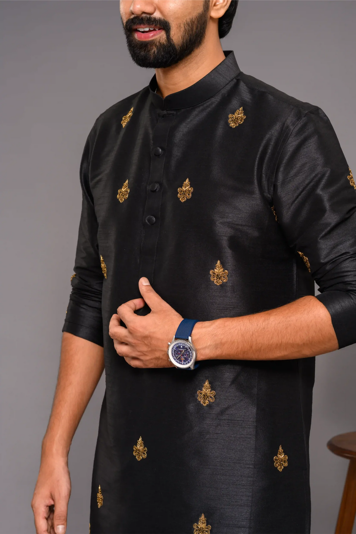 Black Silk Kurta with Golden Hand Embroidered Thread Detailing (Kurta + Narrow Pants)