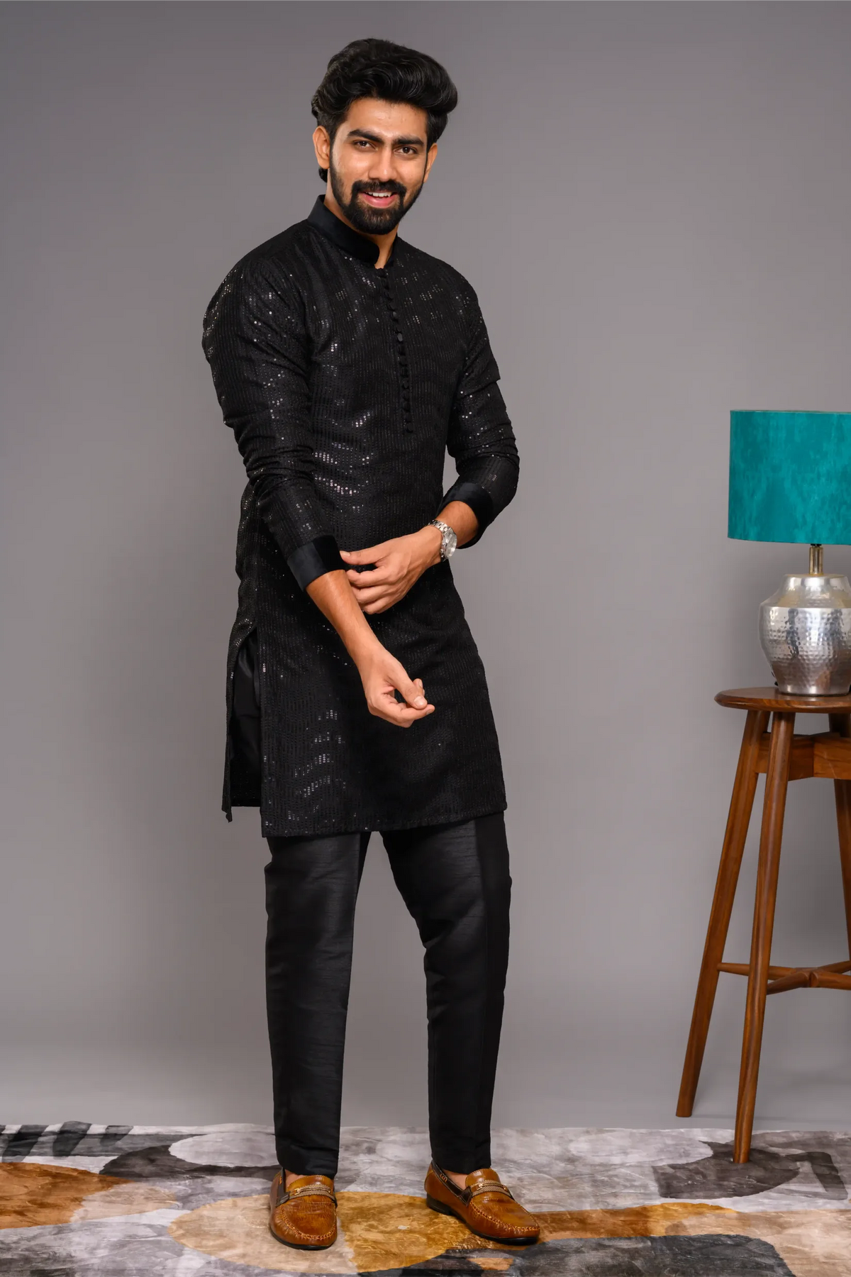 Designer Black Kurta with Glossy Self Surface Embroidery with Velvet Neck & Sleeve edge detailing (Kurta + Narrow Pants)