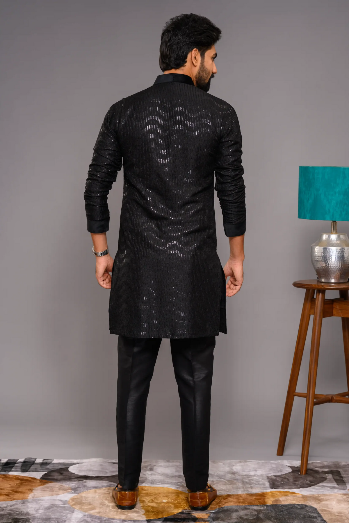 Designer Black Kurta with Glossy Self Surface Embroidery with Velvet Neck & Sleeve edge detailing (Kurta + Narrow Pants)