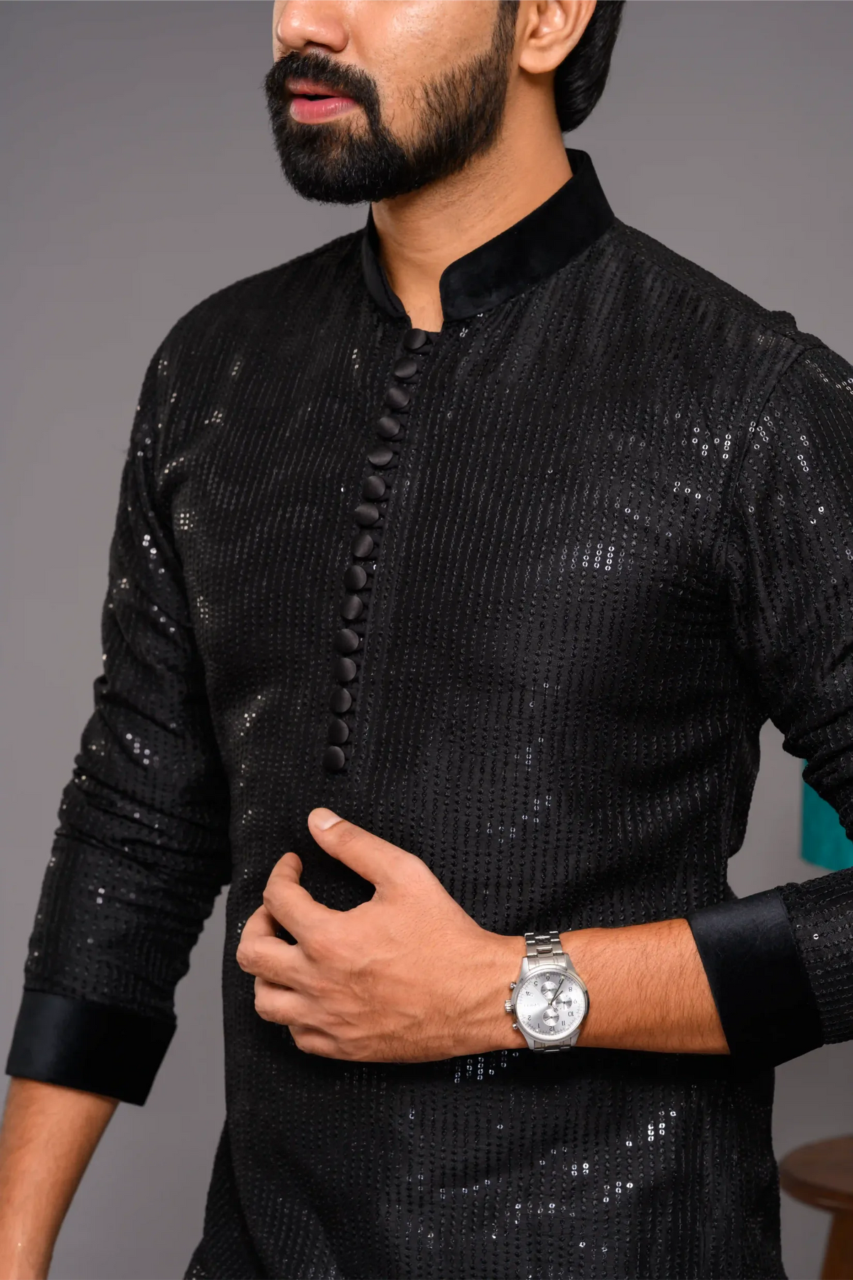 Designer Black Kurta with Glossy Self Surface Embroidery with Velvet Neck & Sleeve edge detailing (Kurta Only)